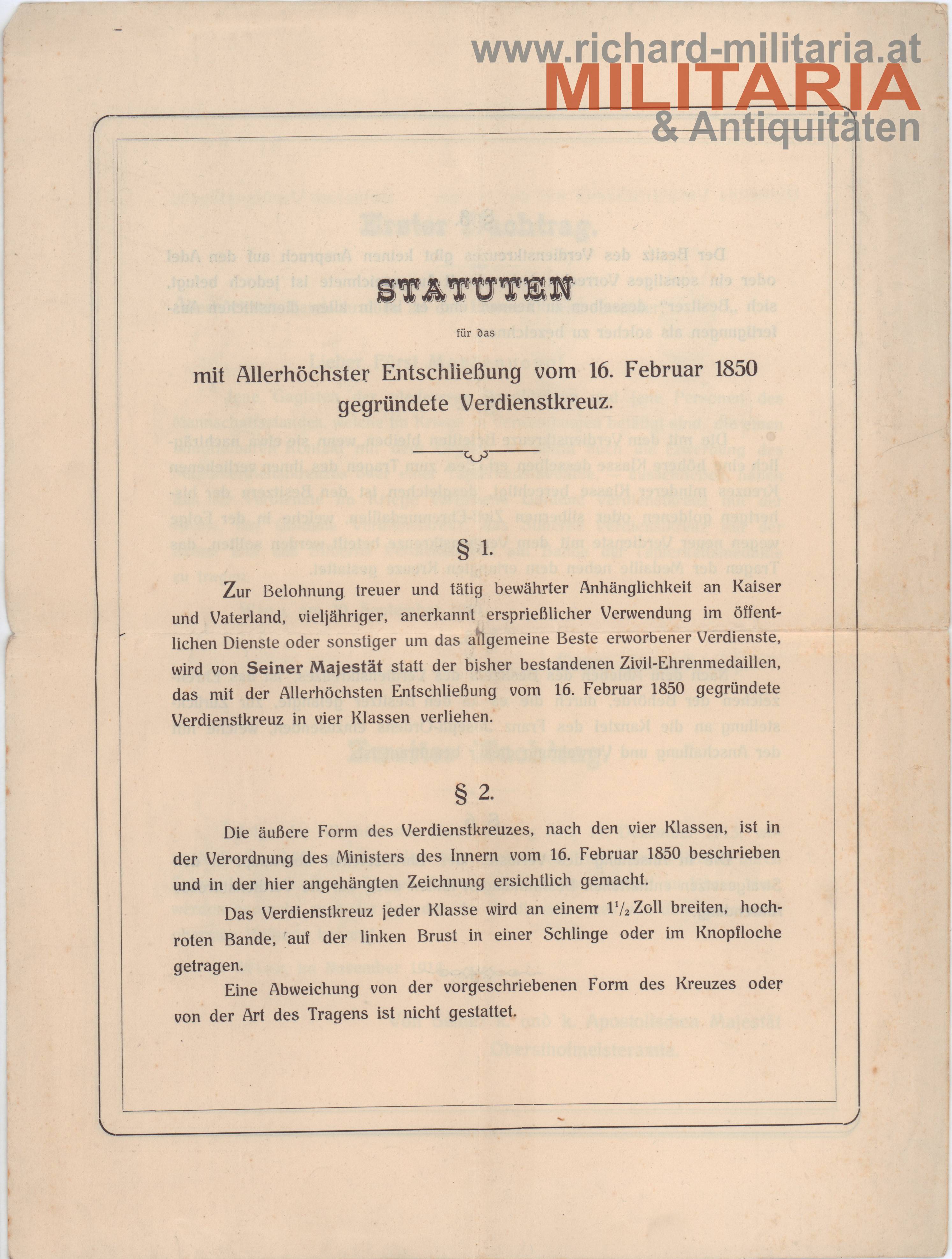 k.u.k. Verdienstkreuz - Statuten 1914 