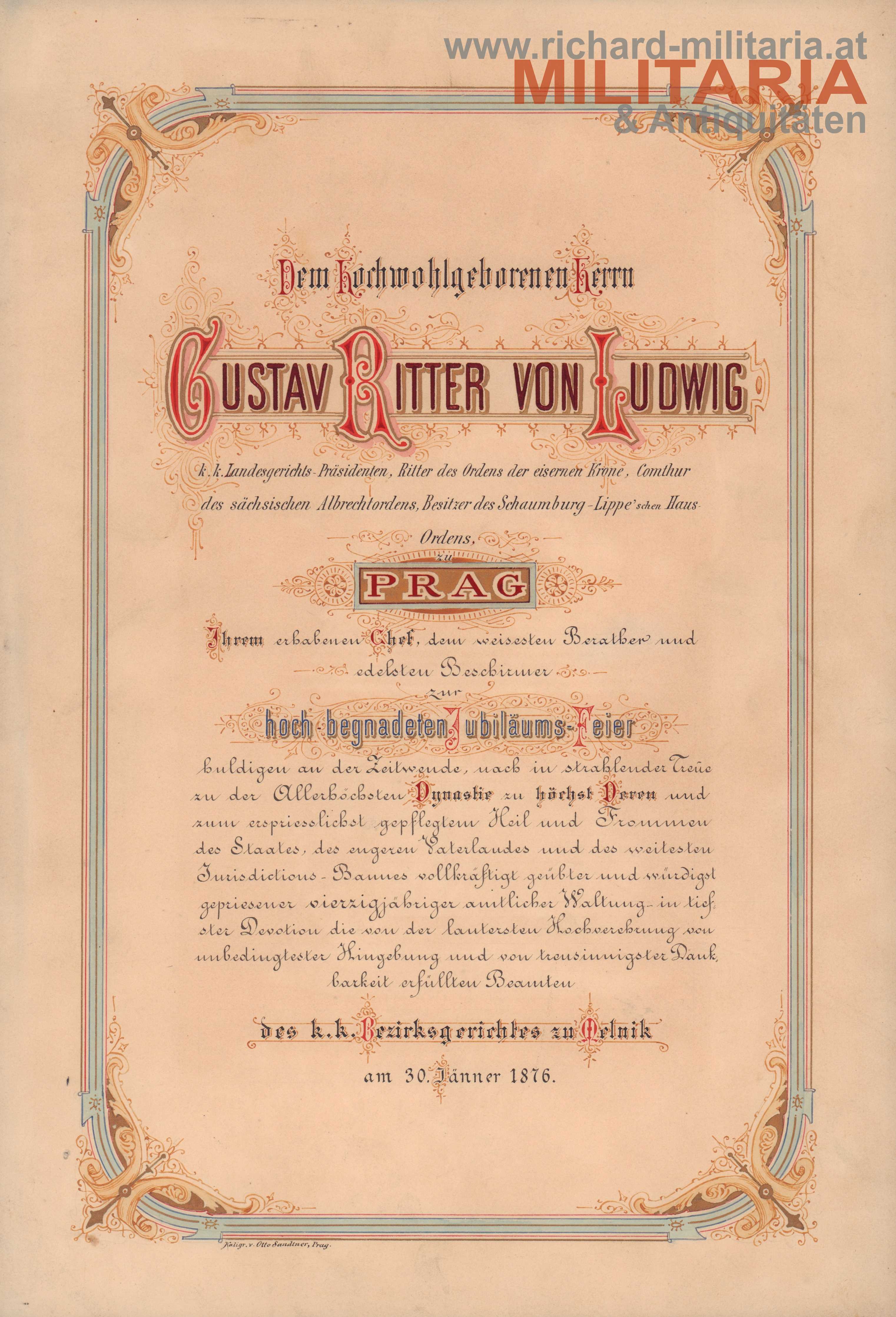 k.u.k. Schmuckurkunde zum 40-jährigen Amtsjubiläum - Gustav Ritter von Ludwig