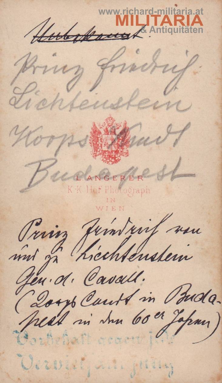 k.u.k. Hartkartonfoto - Prinz Friedrich von und zu Liechtenstein - General d. Kavallerie - um 1865