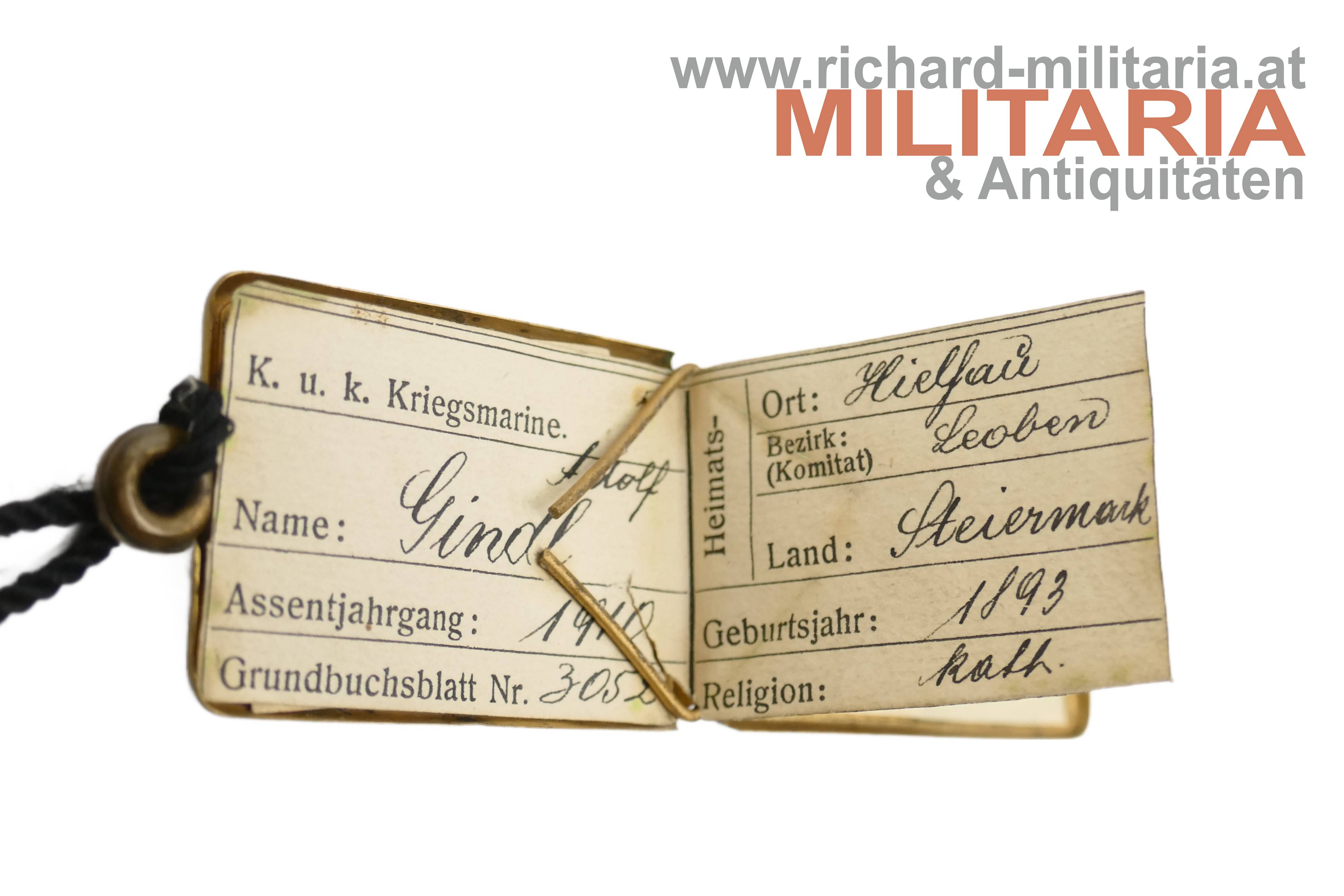 k.u.k. Kriegsmarine - Legitimationskapsel - Stabsunteroffizier Gindl