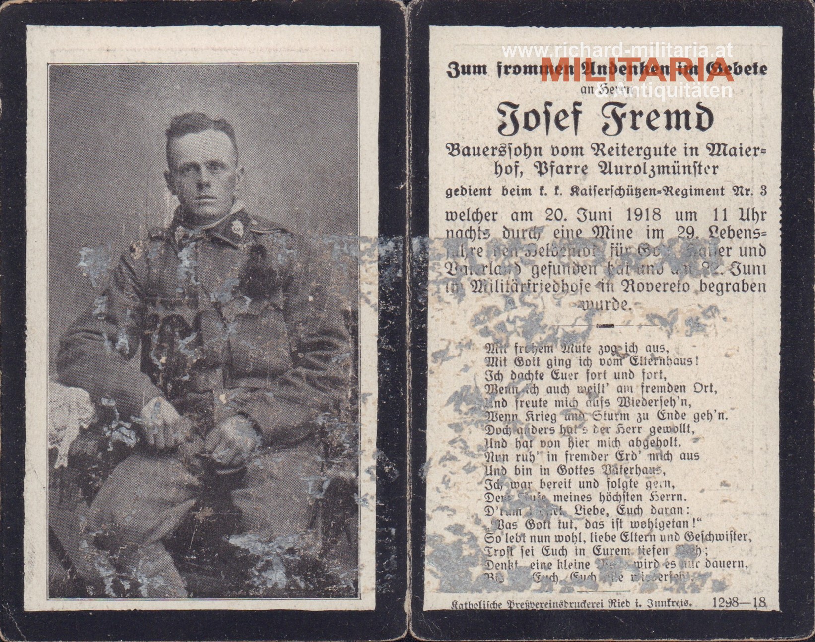 Sterbebild k.k. Kaiserschützen-Regiment Nr. 3