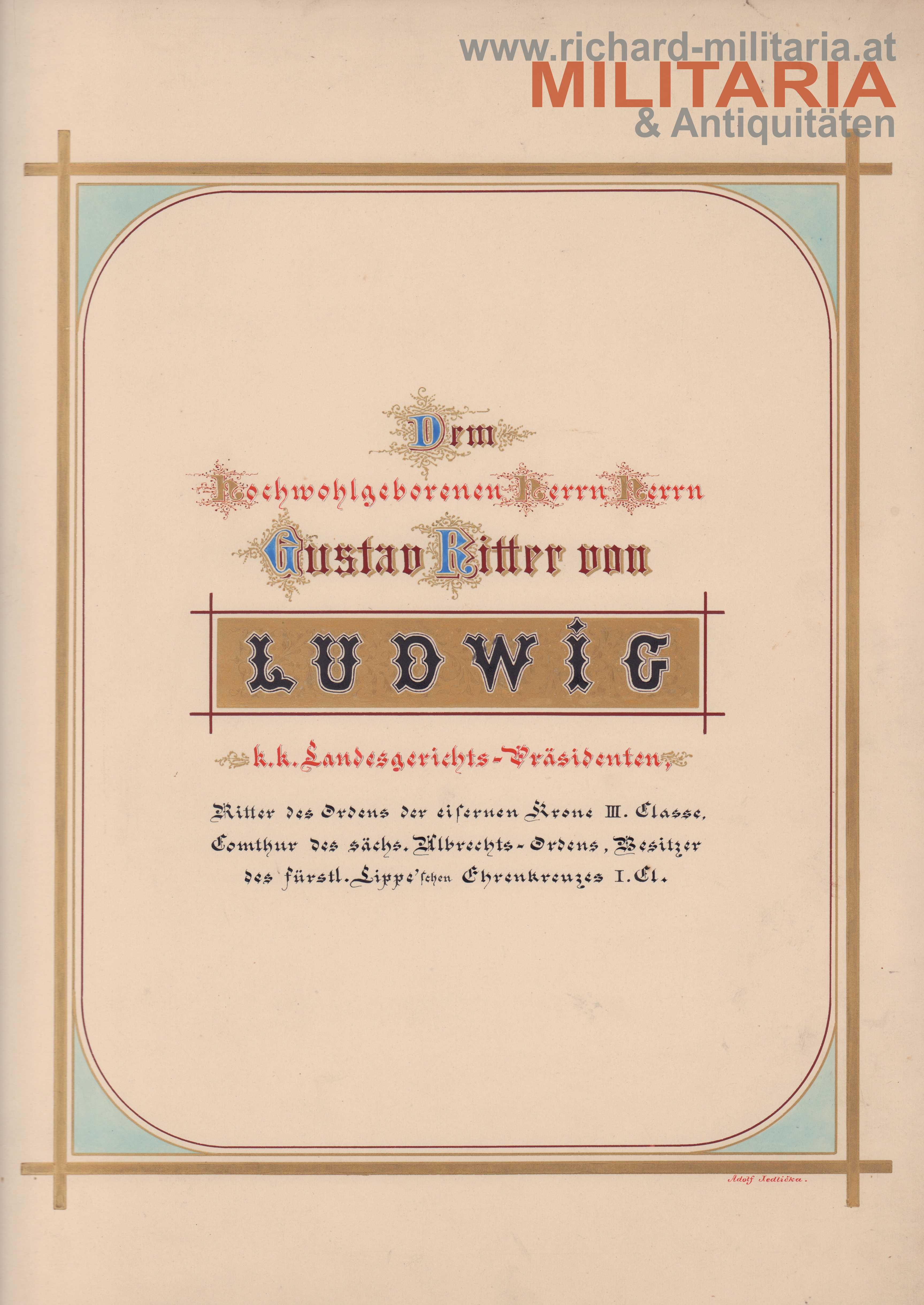 k.u.k. Schmuckurkunde - Gustav Ritter von Ludwig