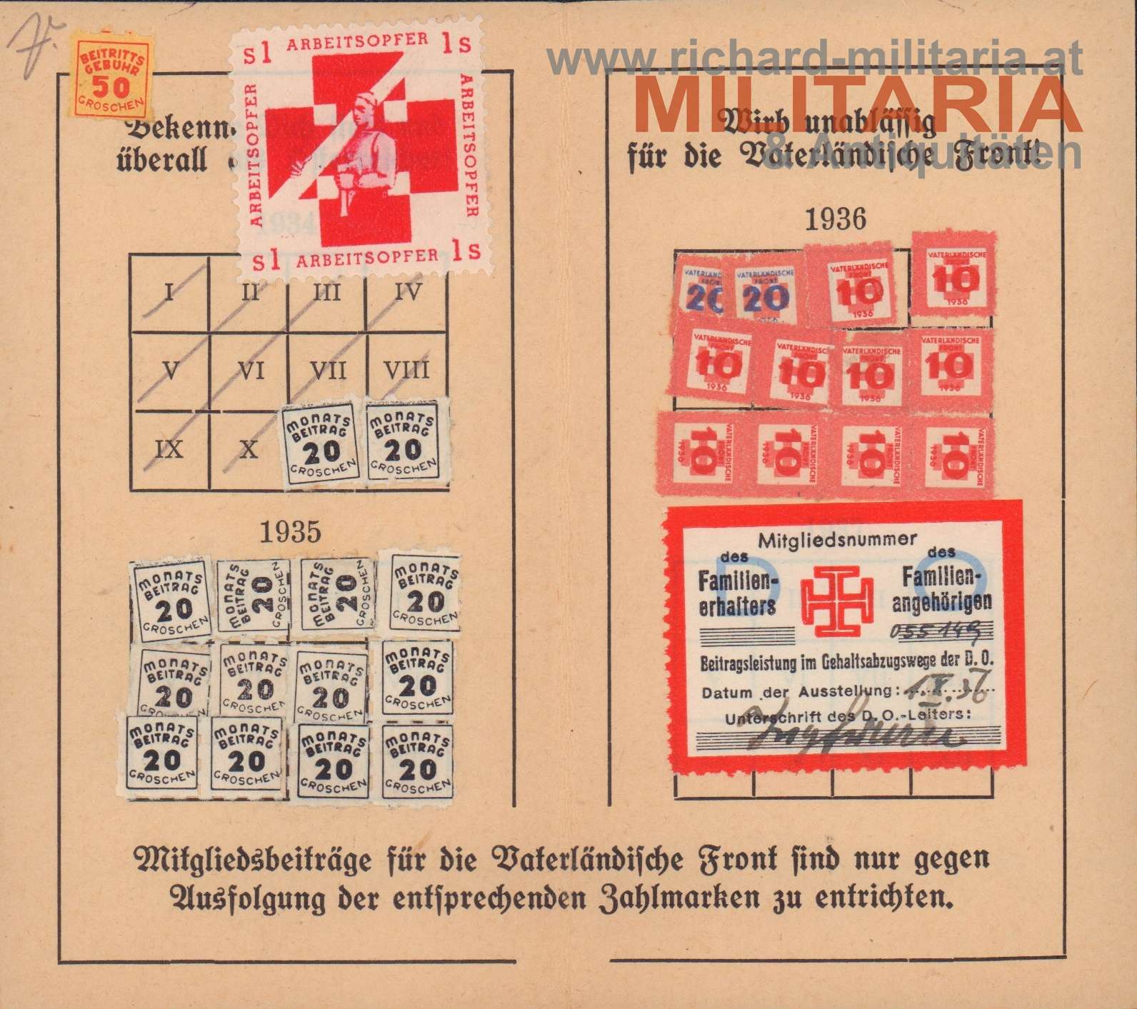 Vaterländische Front - Mitgliedskarte - Wien (Fünfhaus) - Frau Maria Frey