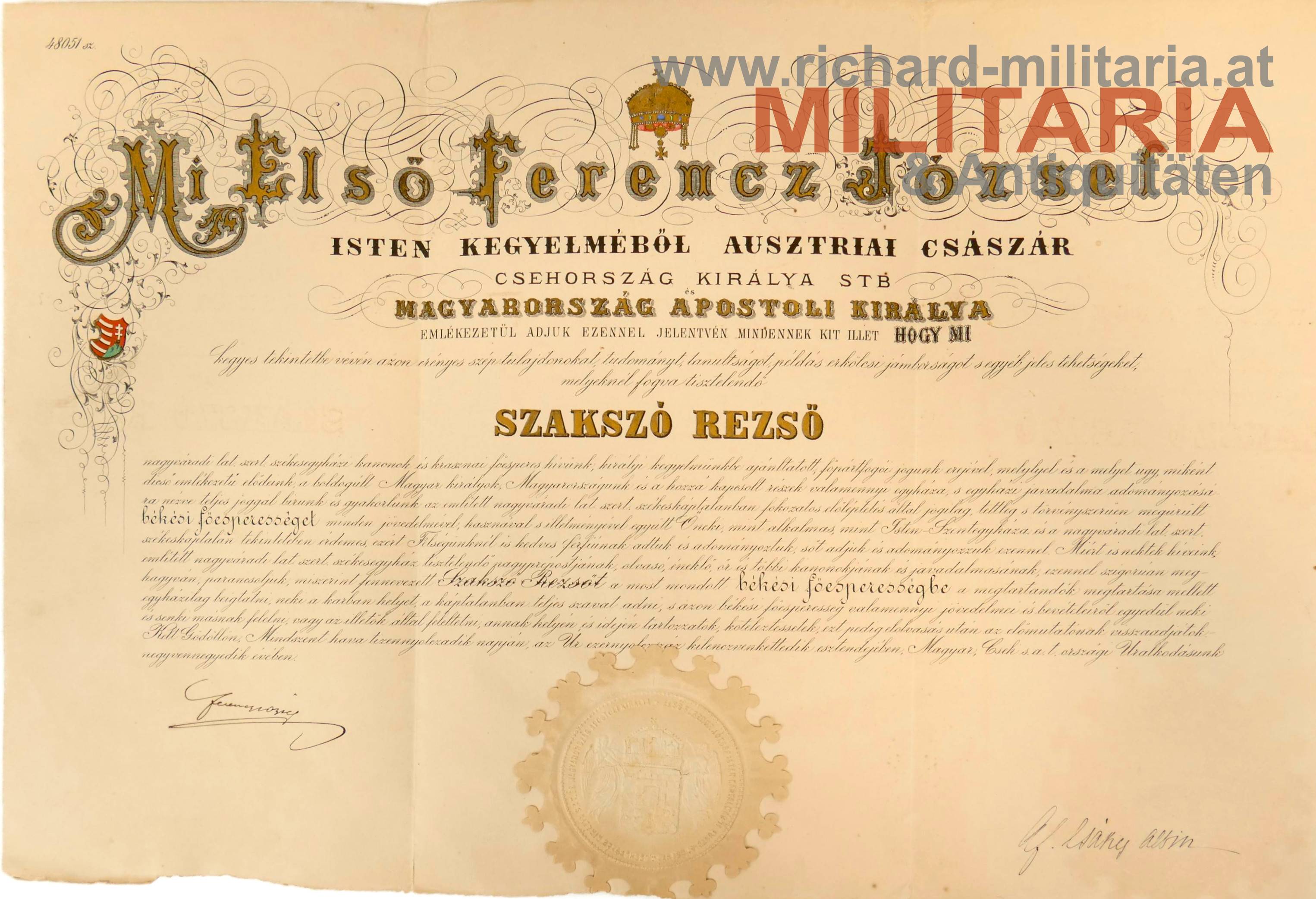 Ernennungsurkunde zum Erzdiakon - OU Kaiser Franz Joseph - Schmuckurkunde