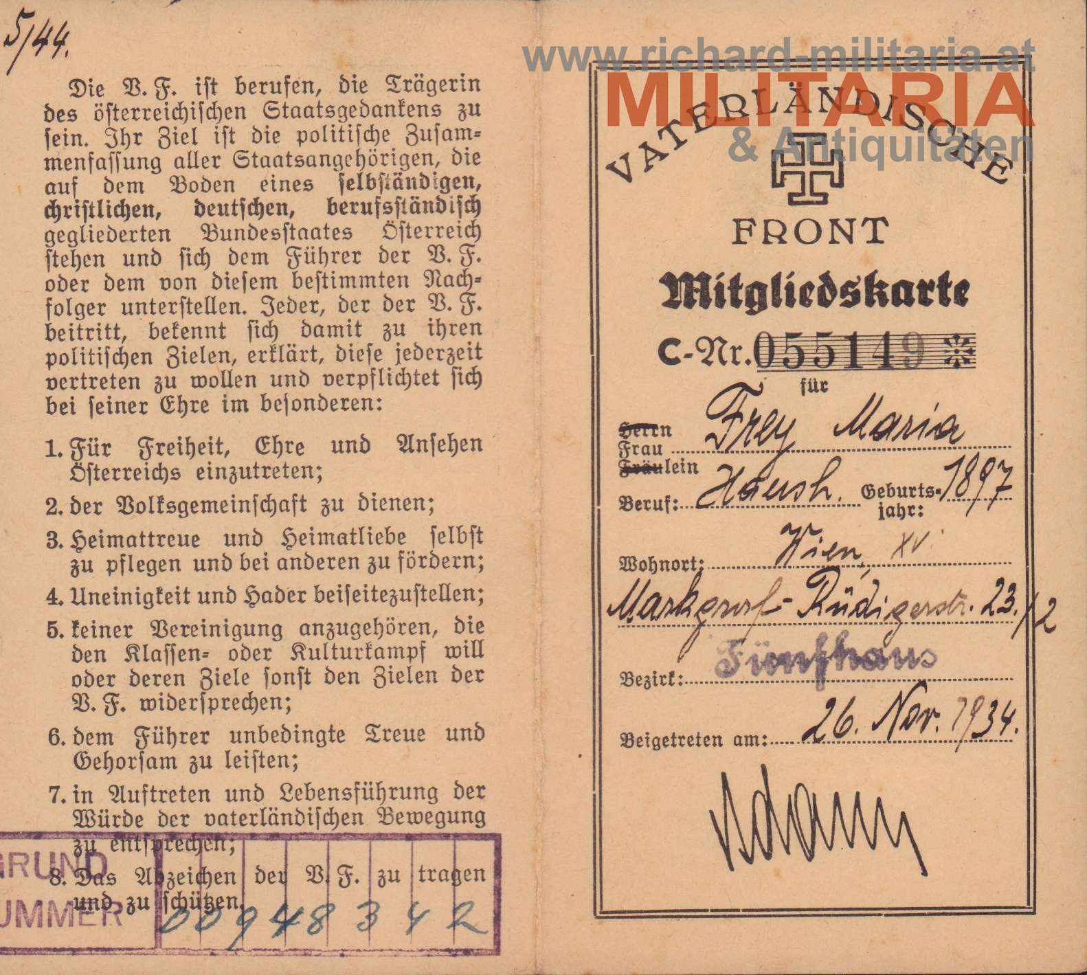 Vaterländische Front - Mitgliedskarte - Wien (Fünfhaus) - Frau Maria Frey