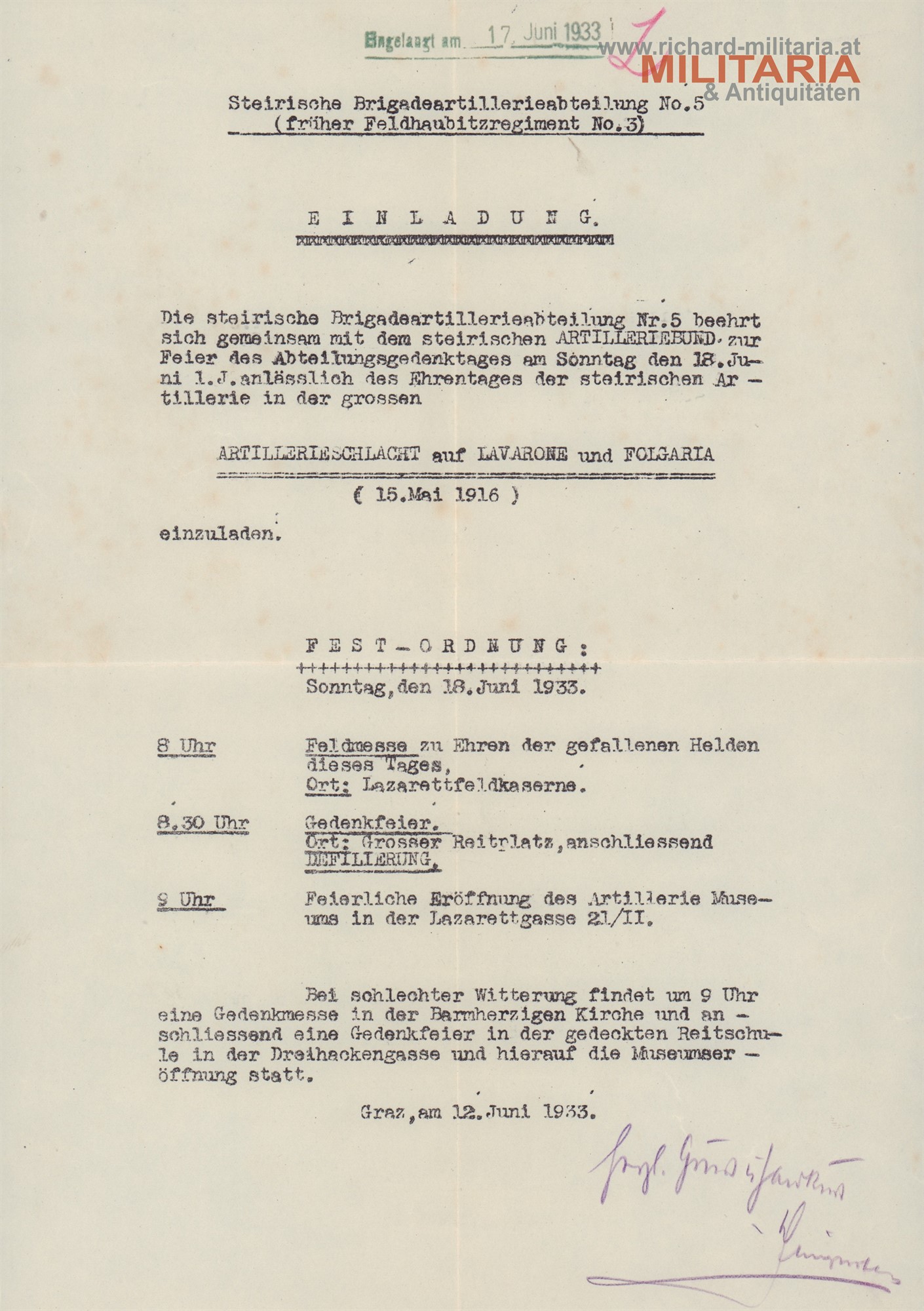 Bundesstaat - Einladung Gedenkfeier zur Artillerieschlacht auf Lavarone und Folgaria / 1933