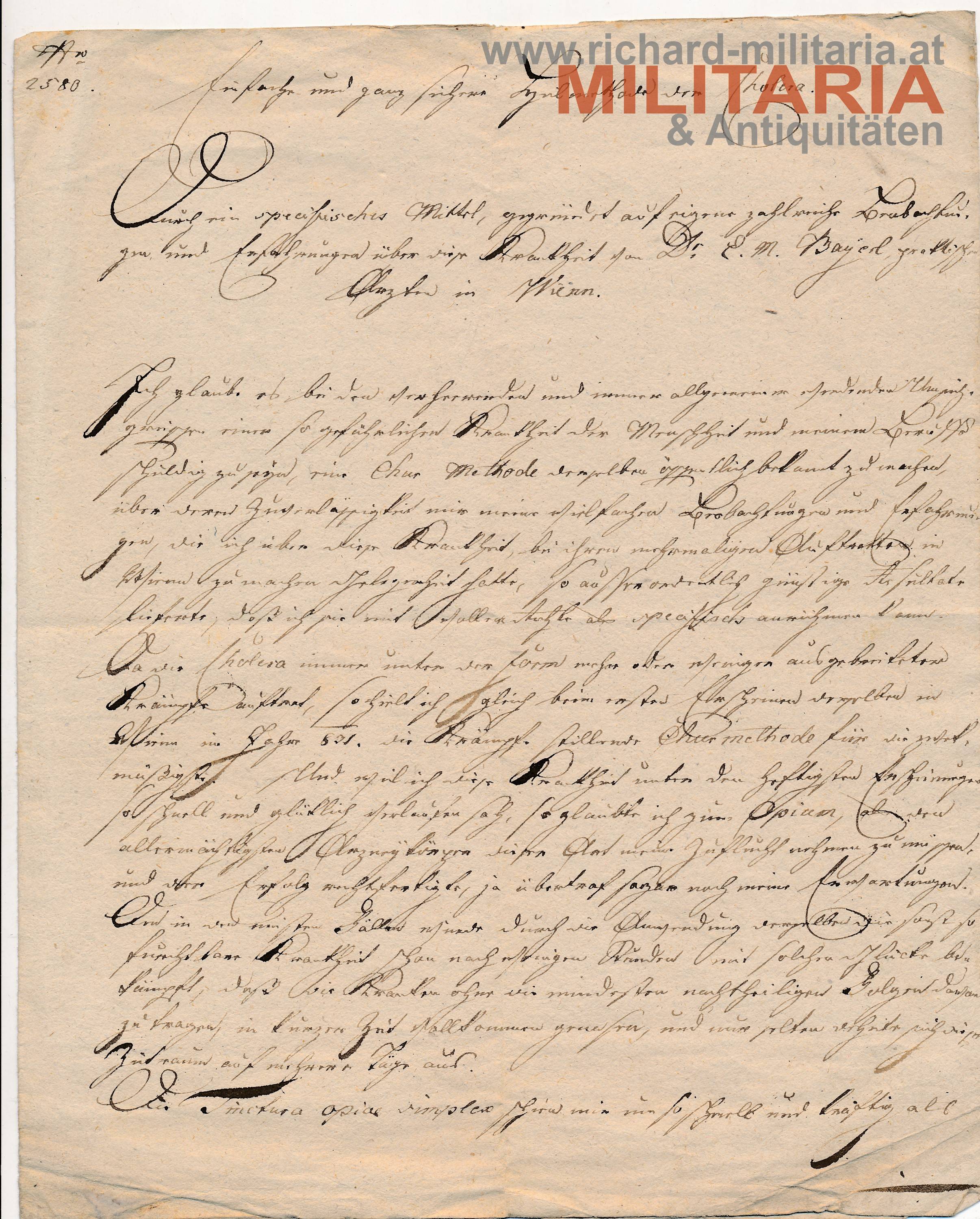 Brief 1828 - "Einfache und sichere Heilmethode von Cholera"