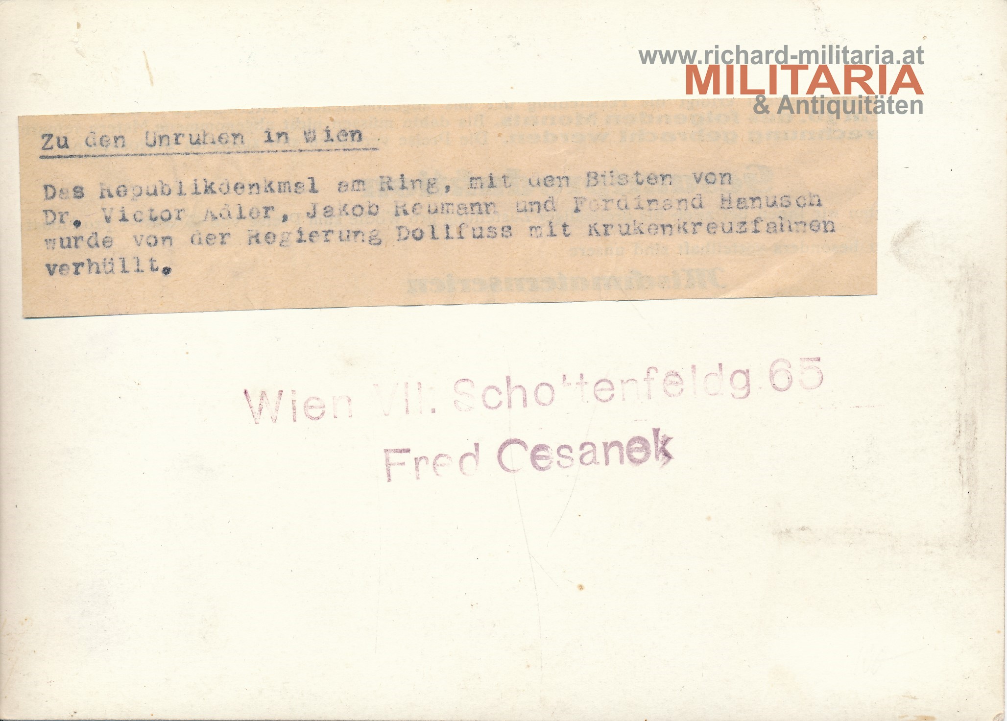 "Zu den Unruhen in Wien" - Republikdenkmal am Ring