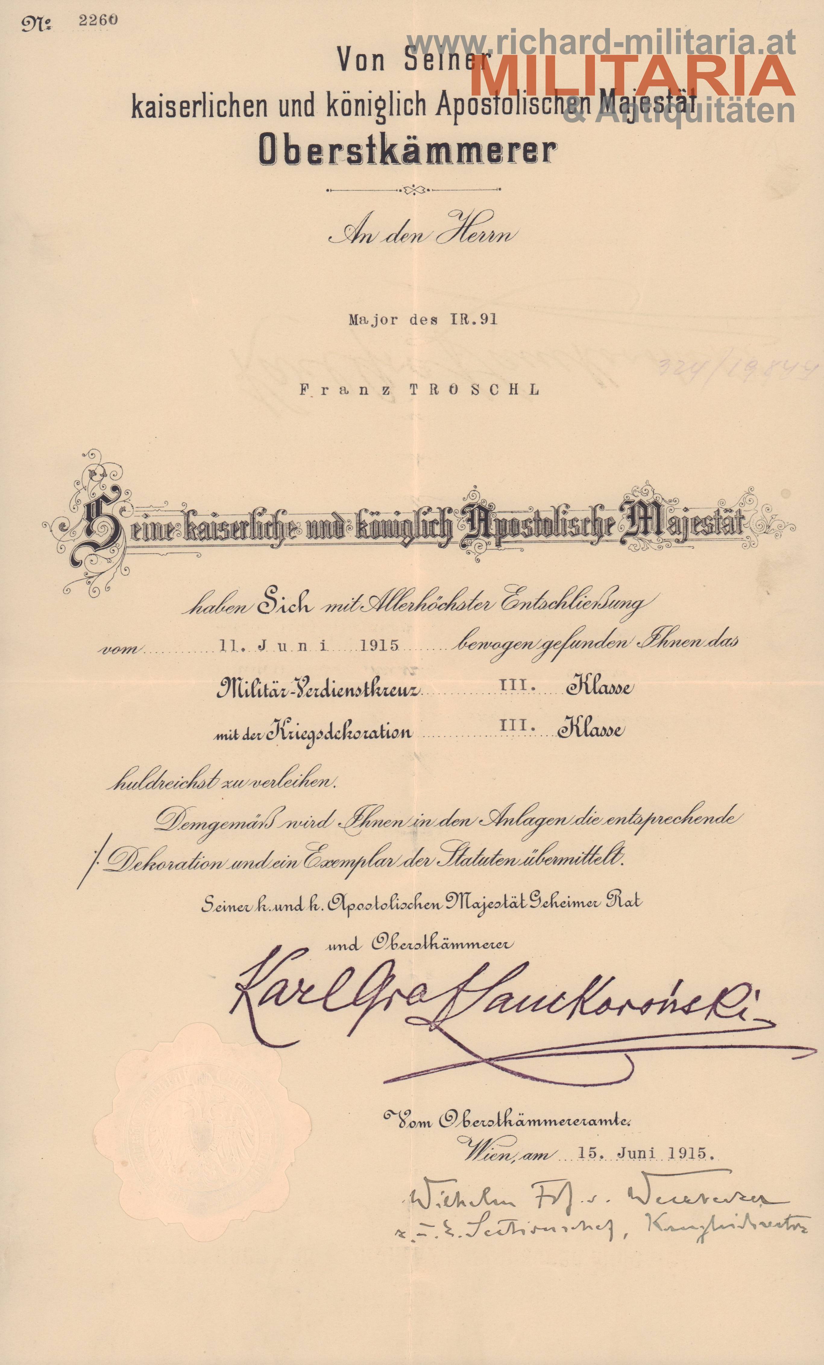 k.u.k. Verleihungsurkunde - MVK 3. Klasse mit KD - Major Troschl - IR 91