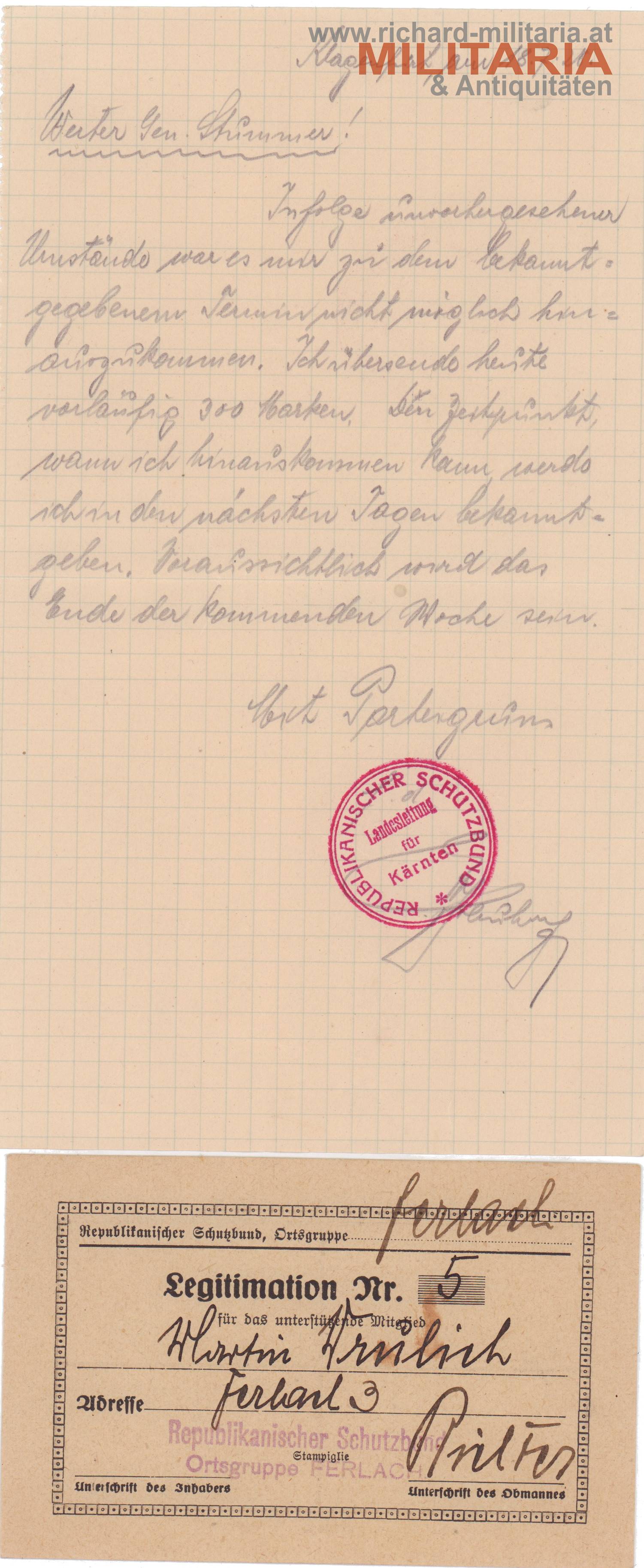 Republikanischer Schutzbund Ferlach - Legitimation und Schreiben 