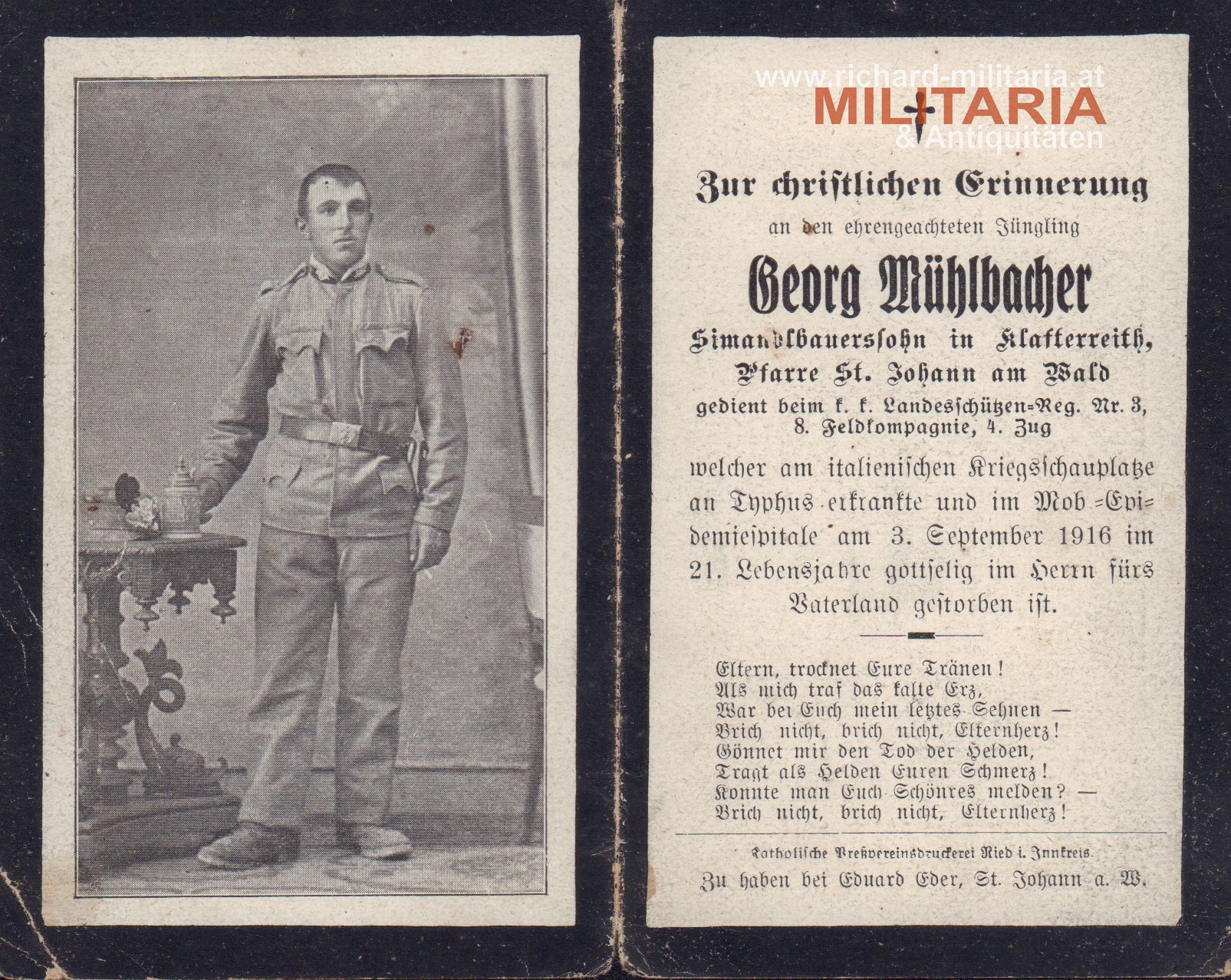 k.u.k. Sterbebild k.k. Landesschützen-Reg. Nr. 3, 8. Feldkompagnie, 4. Zug