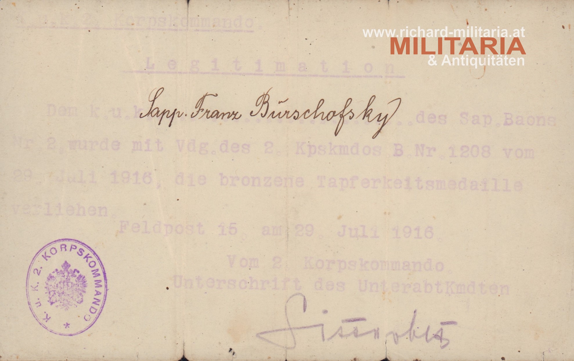 k.u.k. 2. Korpskommando Legitimation z. Bronzenen TK