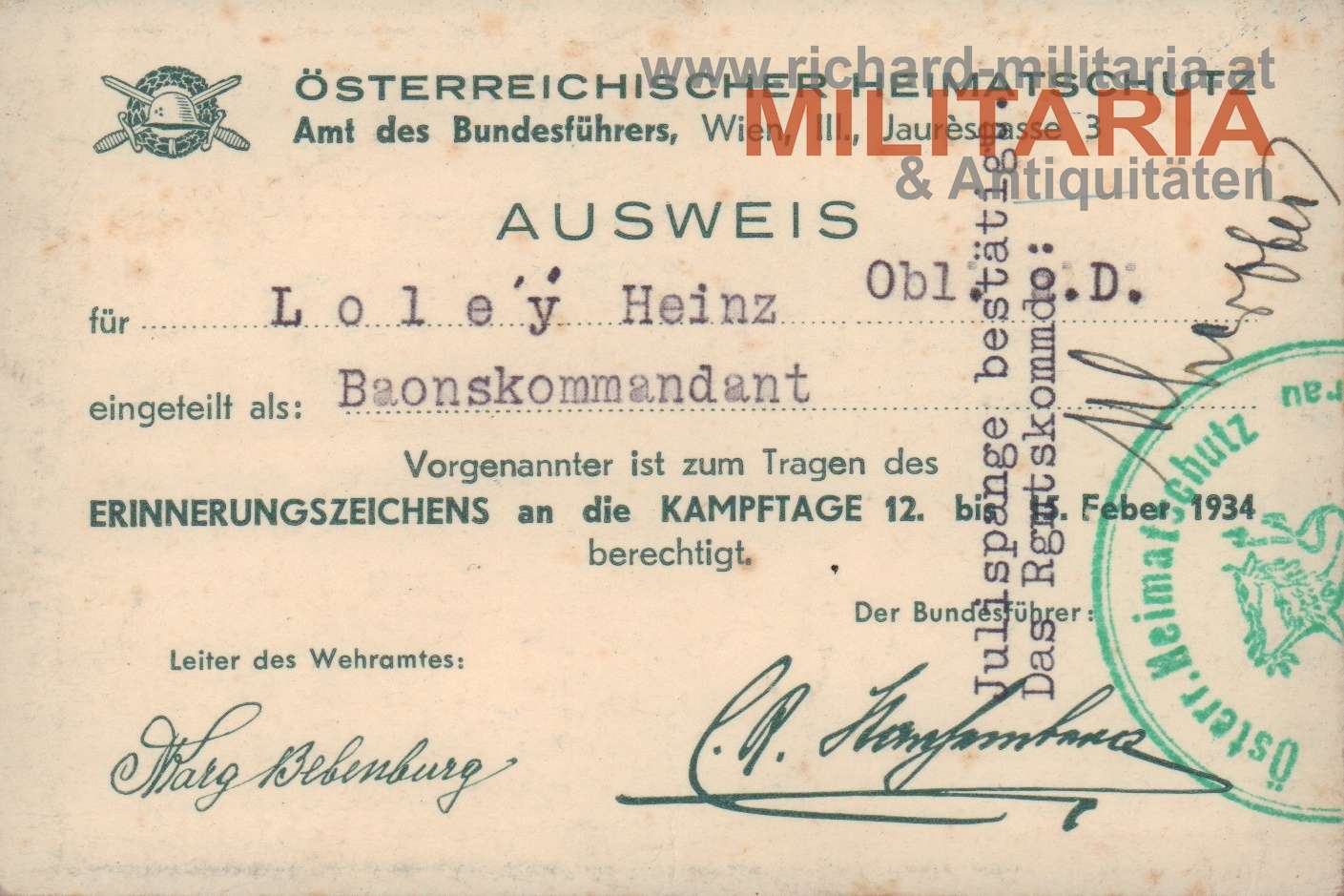 Heimatschutz-Erinnerungsabzeichen mit Ausweis 