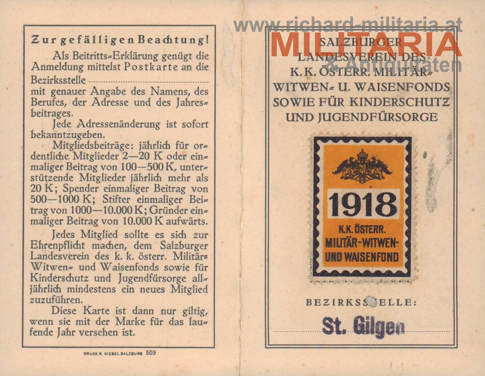 Mitgliedskarte - Salzburger Landesverein - k.k. Witwen- u. Waisenfonds - St. Gilgen 1918