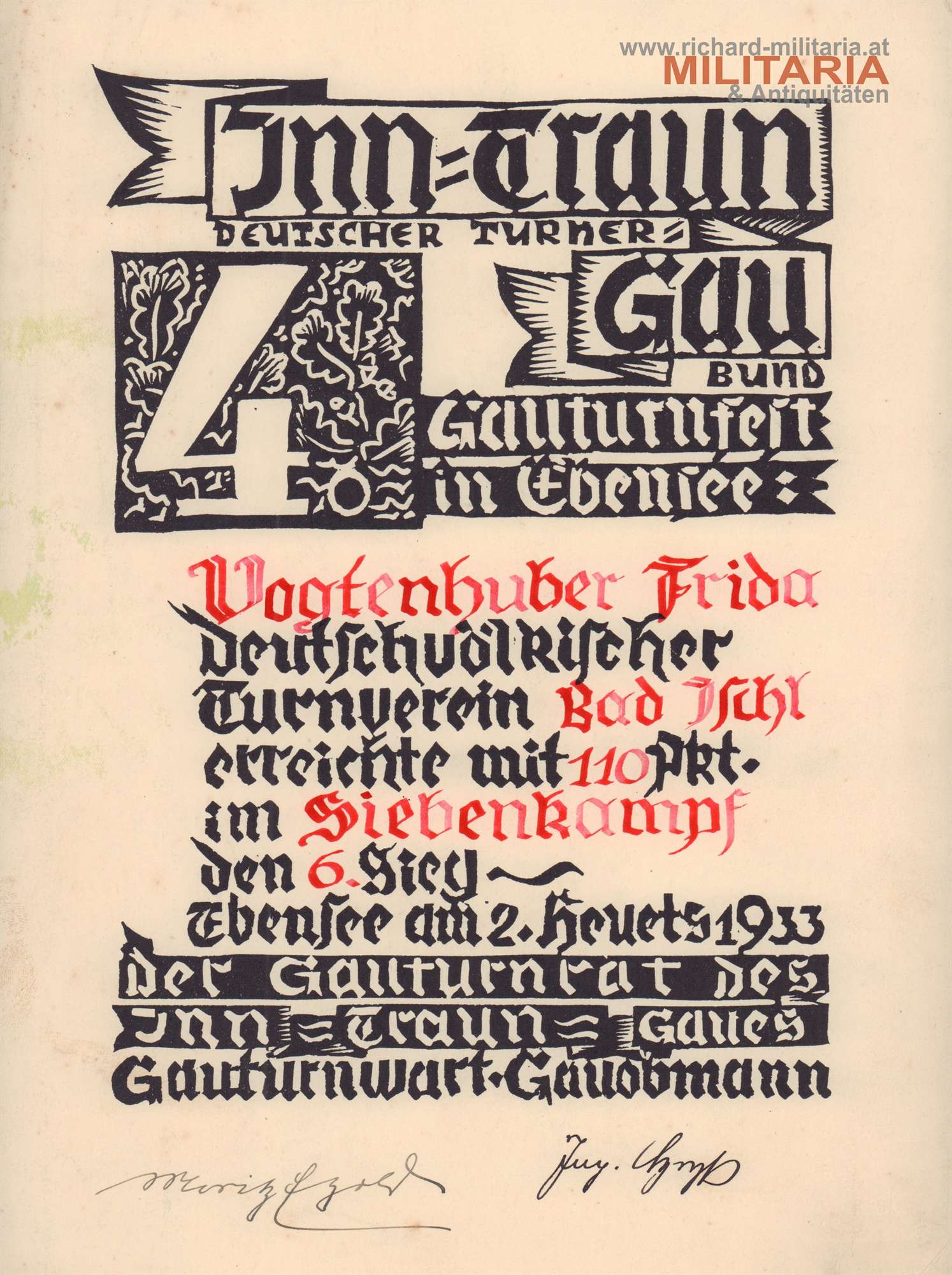 Inn-Traun Gau - Deutscher Turner-Bund - Ebensee 4. Gauturnfest 1933