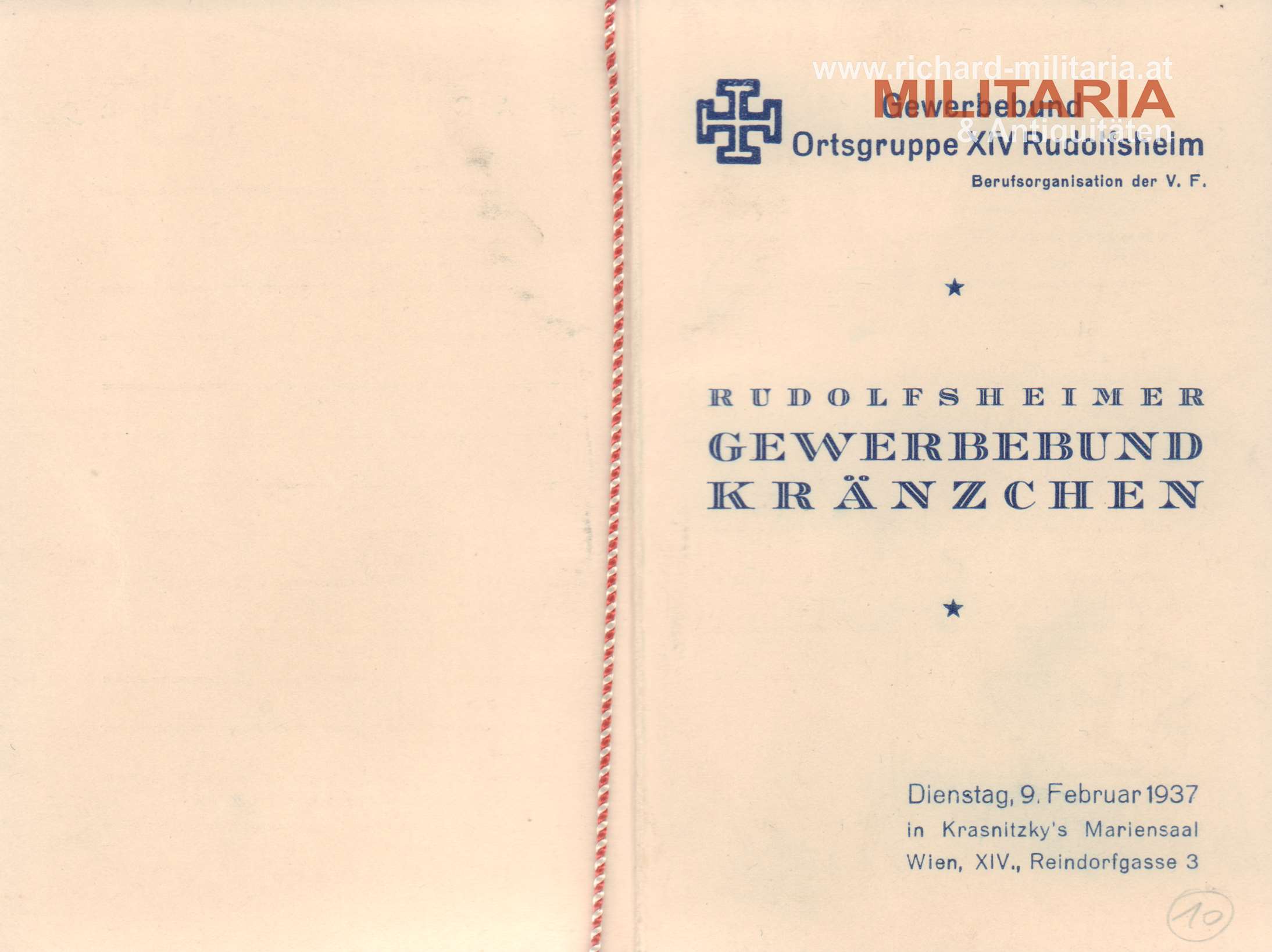 Vaterländische Front - Gewerbebund Ortsgruppe XIV Rudolfsheim - Kränzchen - Tanzkarte