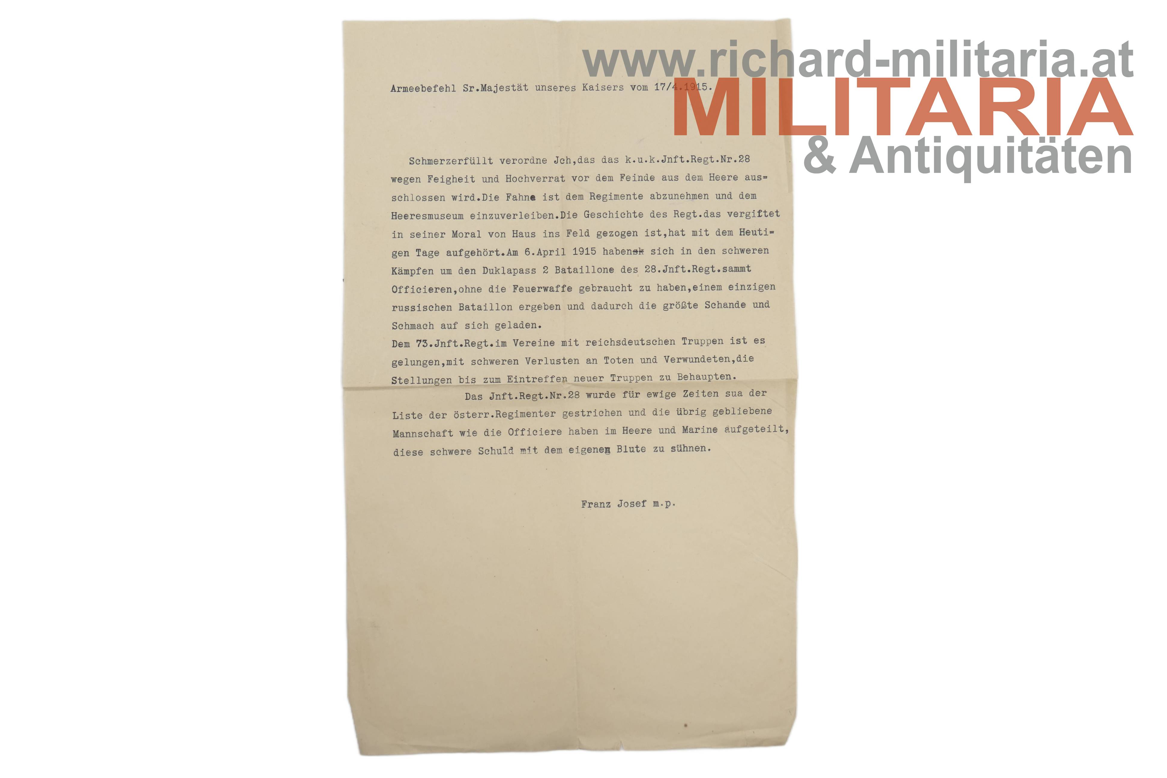 k.u.k. Allerhöchster Befehl - Auflösung des IR28