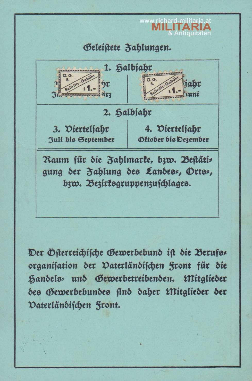 Bundesstaat - Mitgliedskarte österr. Gewerbebund Tirol 1936