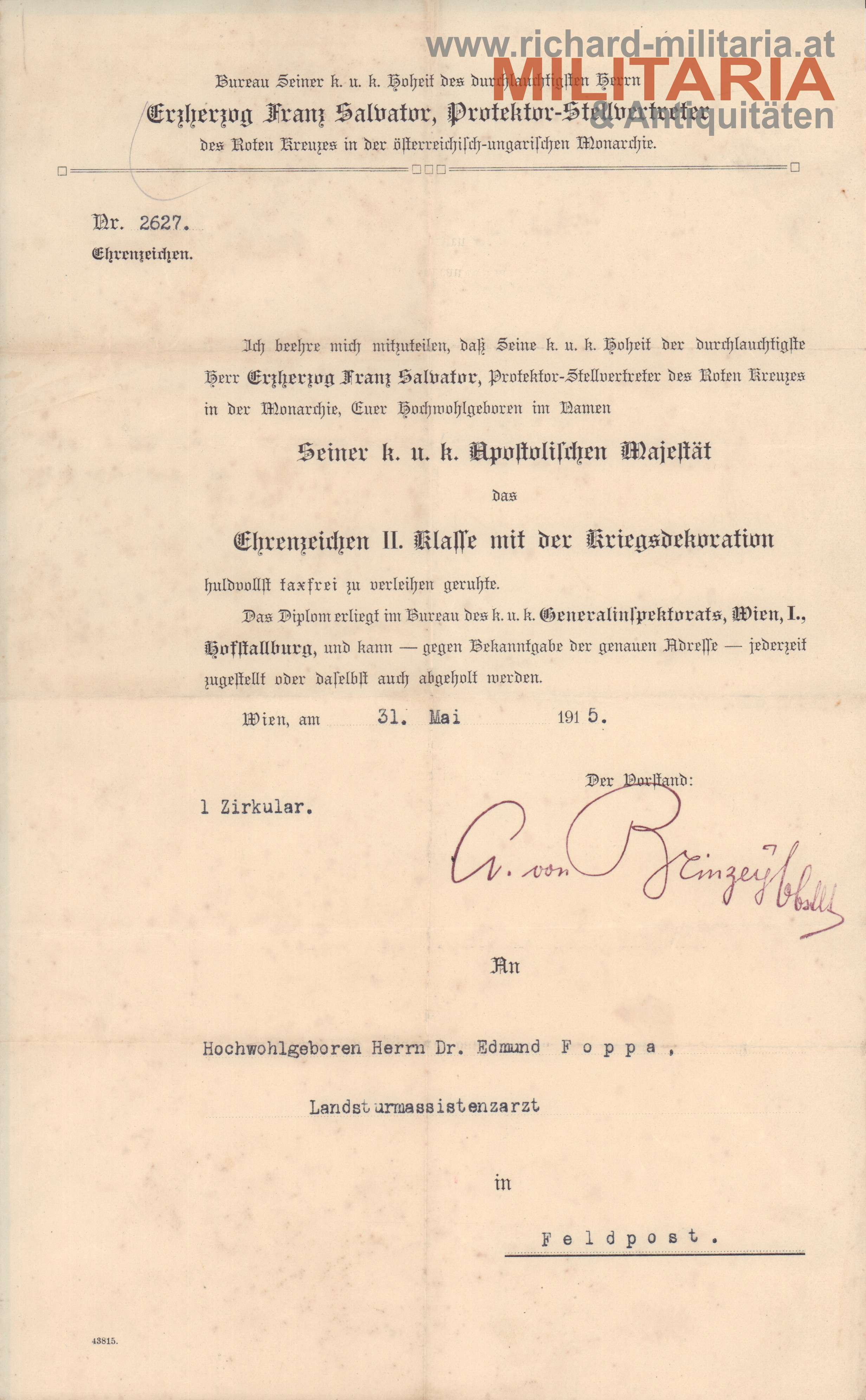 k.u.k. Urkunde -  Rotes Kreuz - Ehrenzeichen II. Klasse mit der Kriegsdekoration