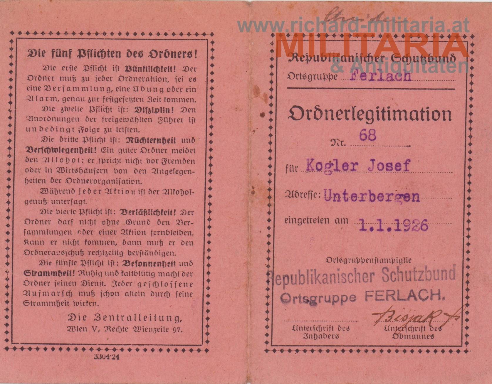 Republikanischer Schutzbund - Ordnerlegitimation FERLACH 1926 