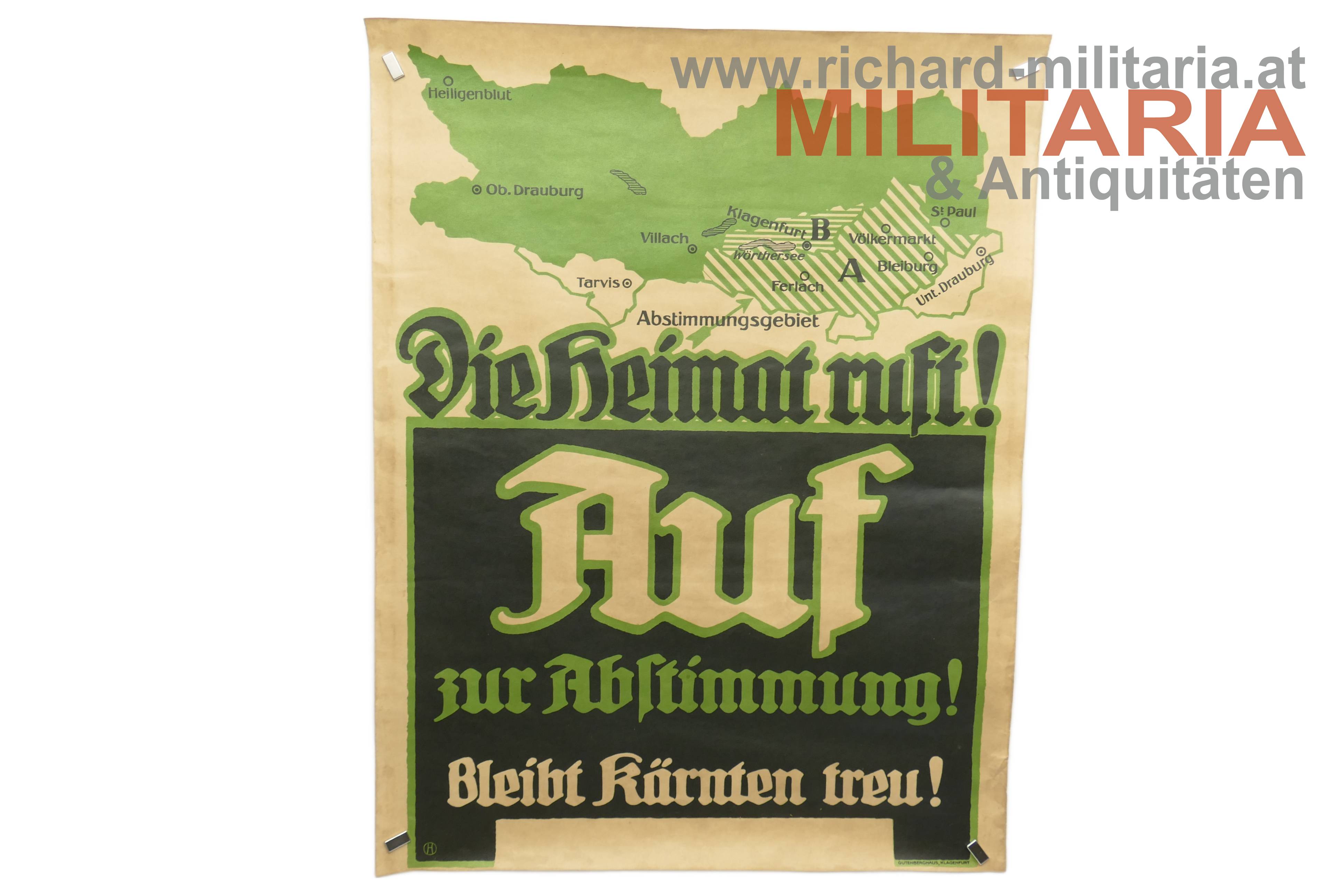 Plakat zur Kärntner Volksabstimmung "Die Heimat ruft, auf zur Abstimmung, bleibt Kärnten treu"