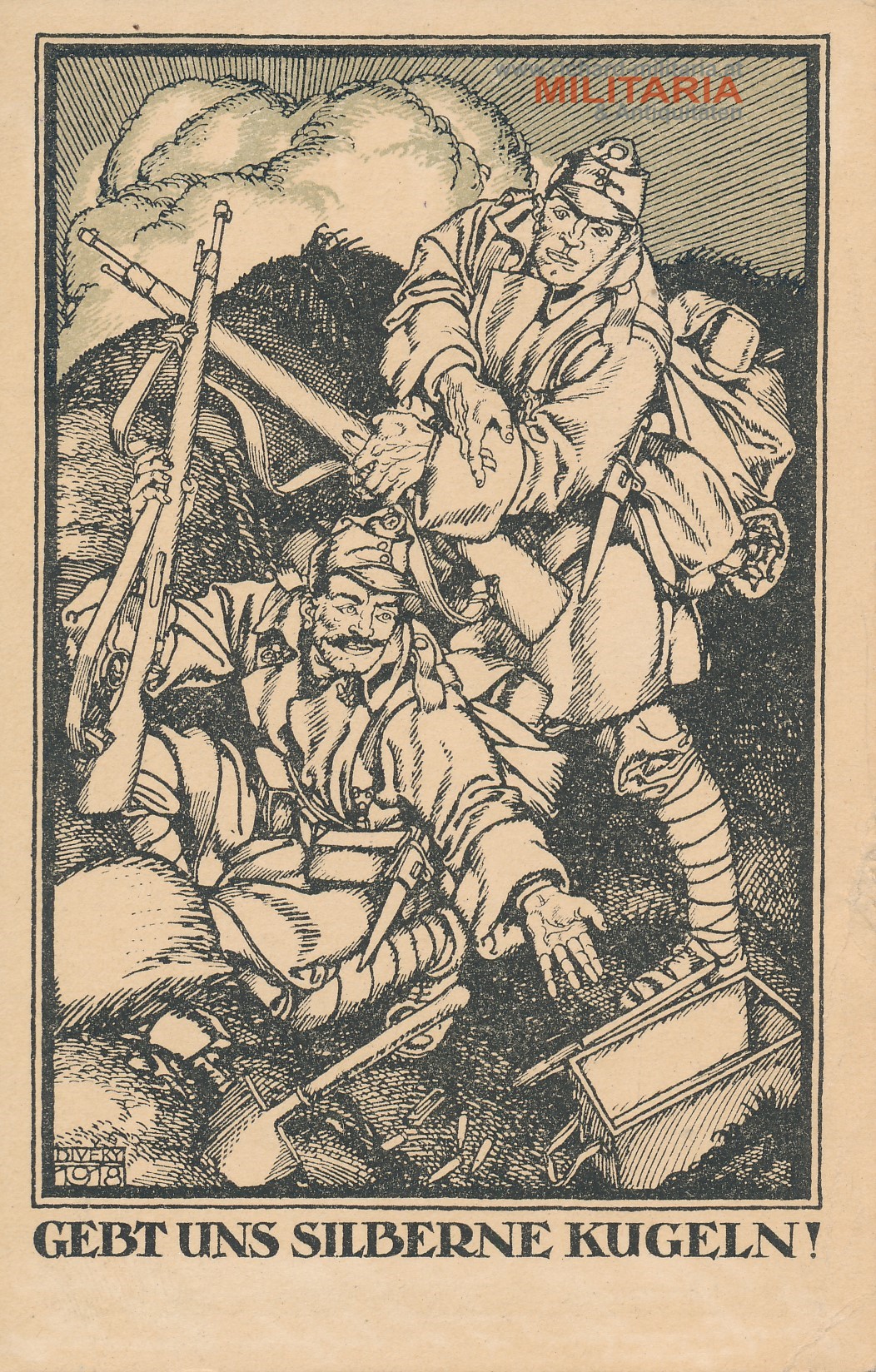 k.u.k. patriotische Postkarte "Gebt uns silberne Kugeln!"