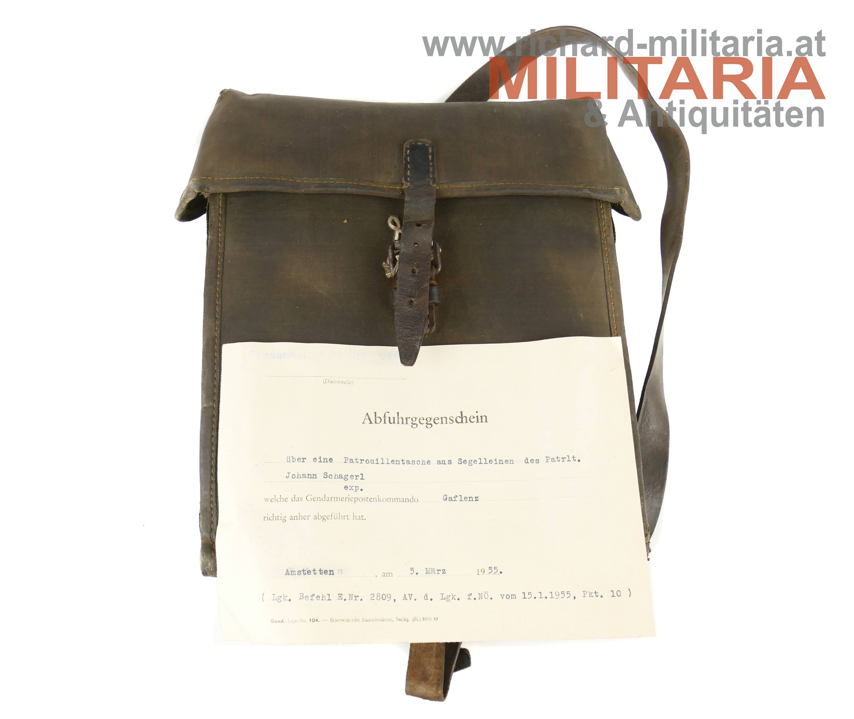 Gendarmerie - Patrouillentasche aus Segelleinen GBA 1947 mit Abfuhrgegenschein 