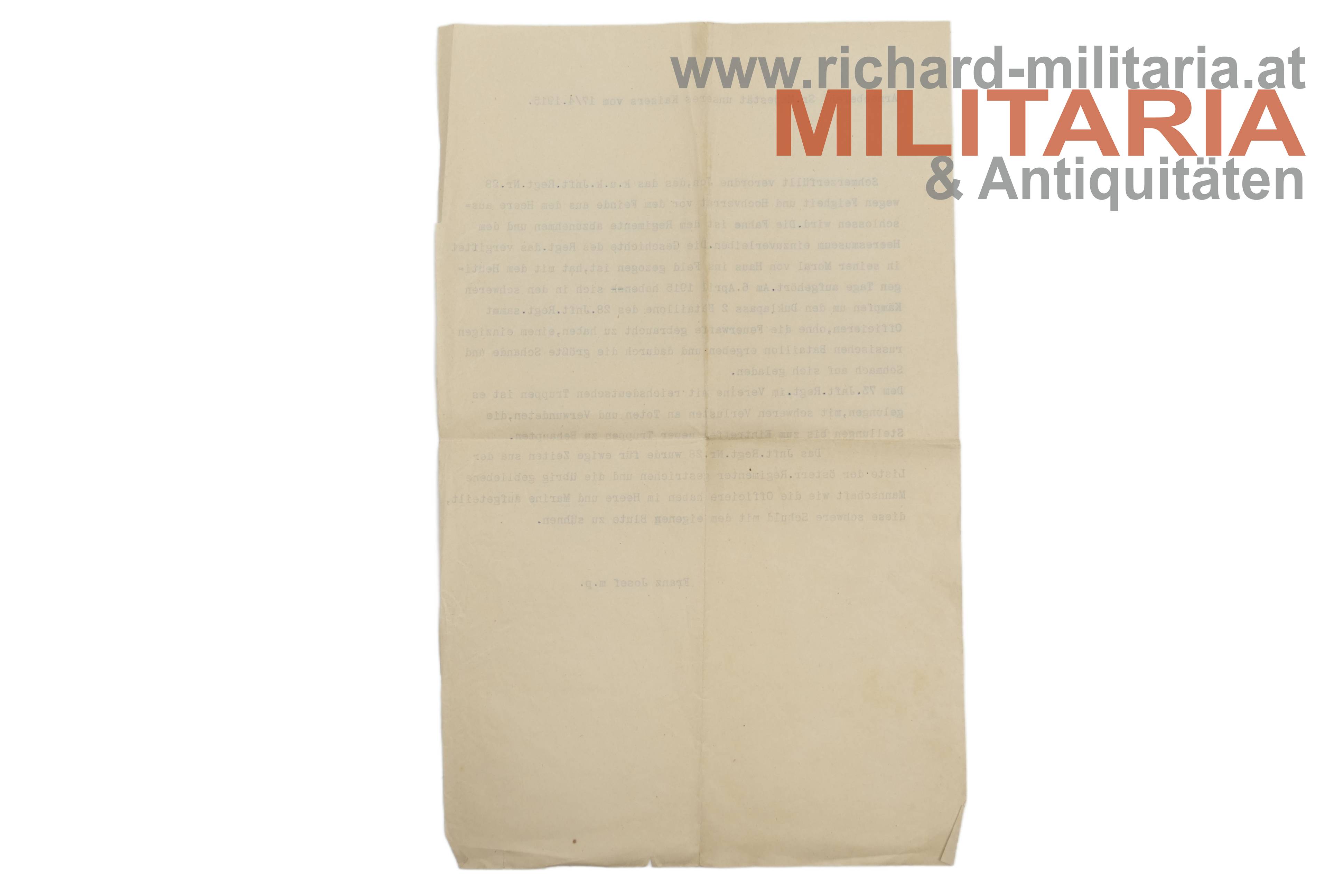 k.u.k. Allerhöchster Befehl - Auflösung des IR28