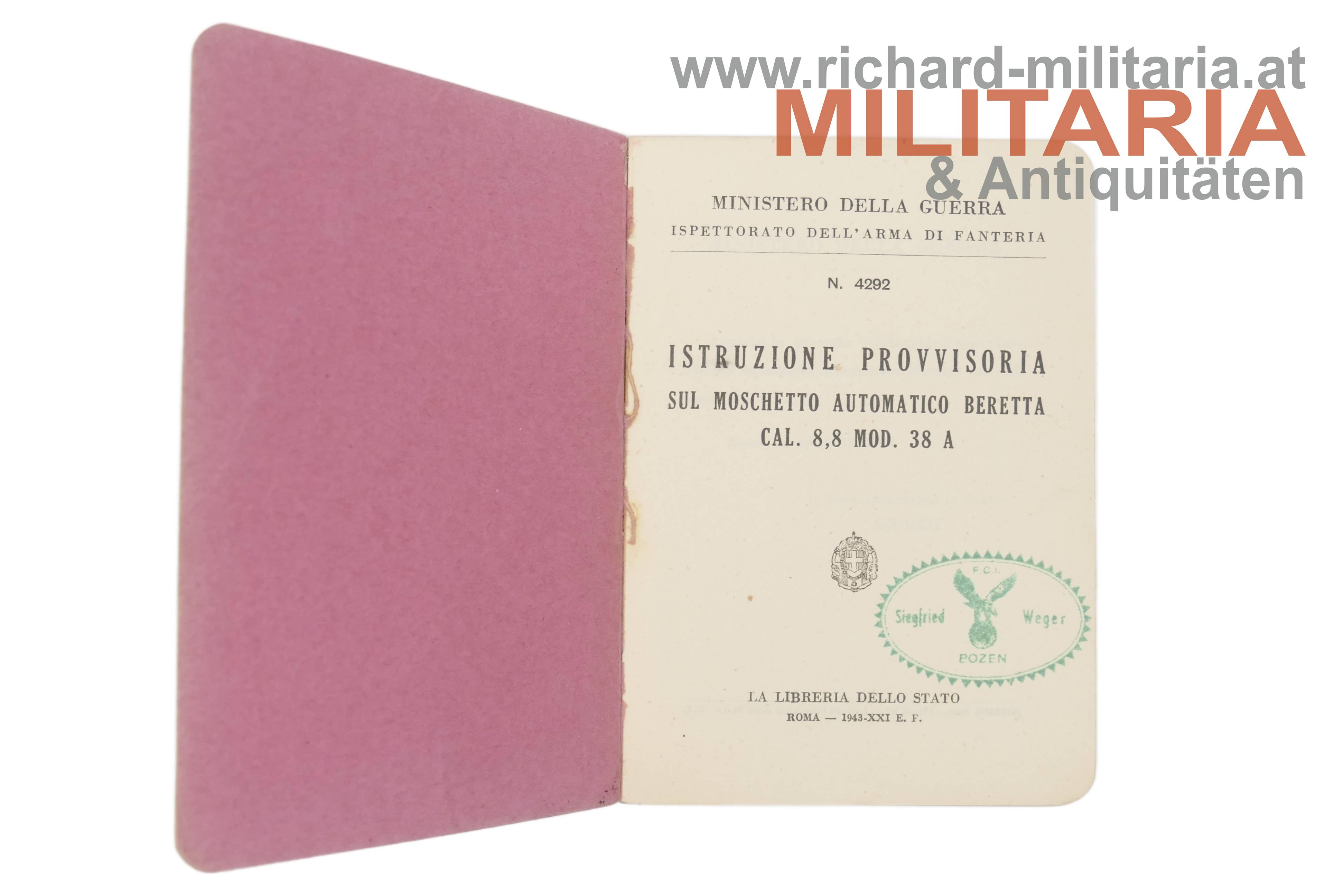 Heft - Istruzione Provvisoria Sul Moschetto Automatico Beretta Cal. 8,8 mod 38 A