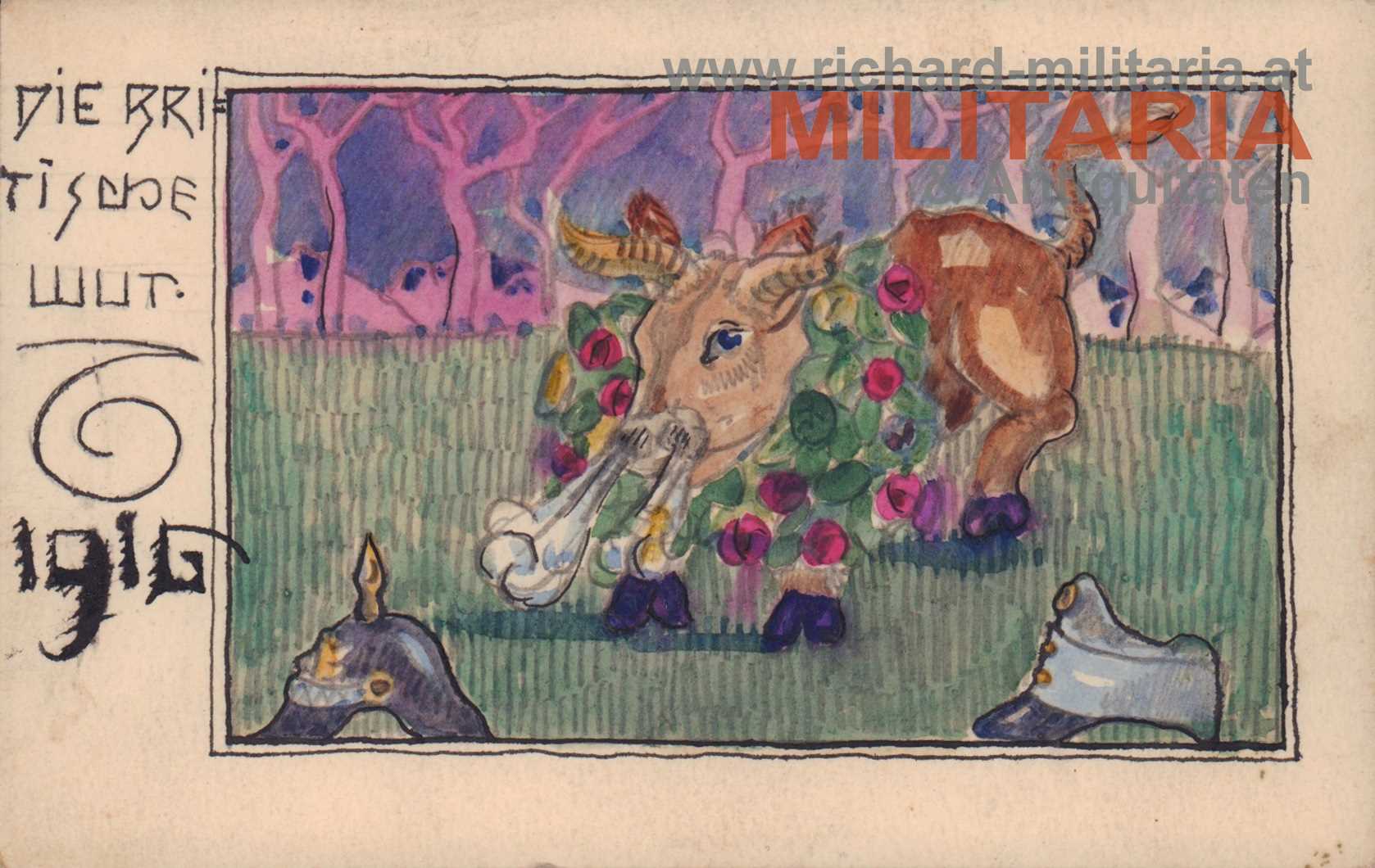 k.u.k. handgemalte Feldpostkarte - Die britische Wut 1916"