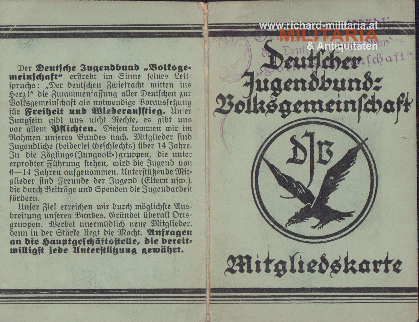 Deutscher Jugendbund-Volksgemeinschaft Mitgliedskarte DJB