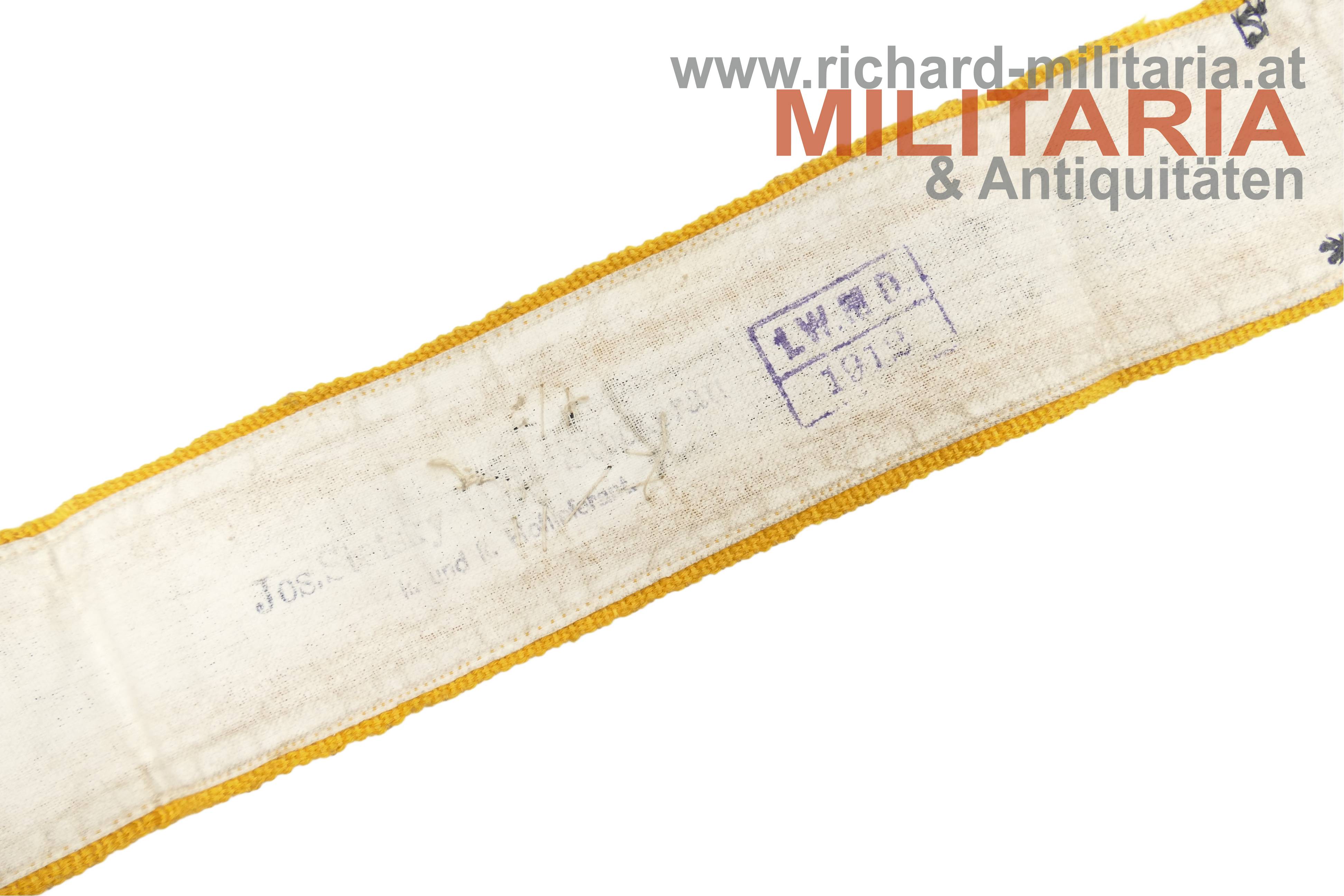 k.k. Armbinde für einen Zugsführer - Landwehr-Monturdepotstempel 1912