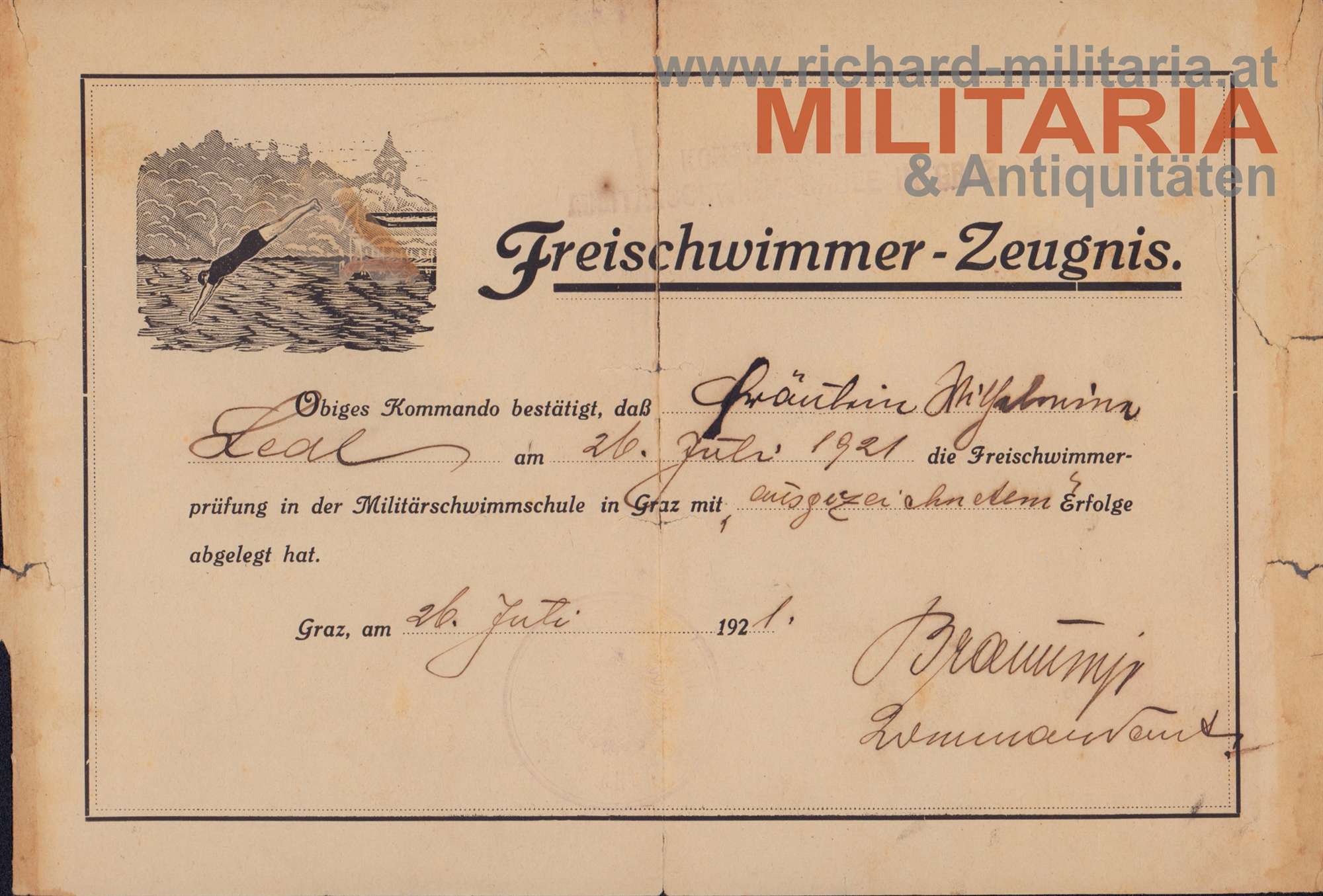 Militärschwimmschule Graz 1921 - Freischwimmer-Zeugnis