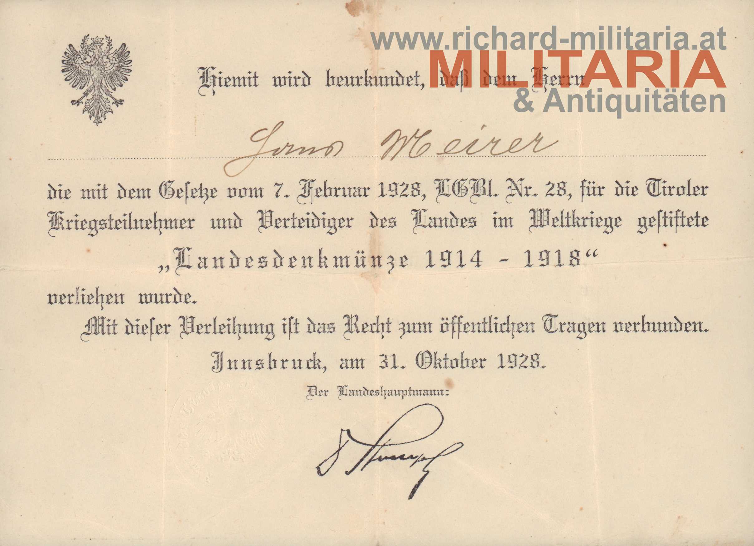 Urkunde zur Verleihung der Landesdenkmünze 1914- 1918 