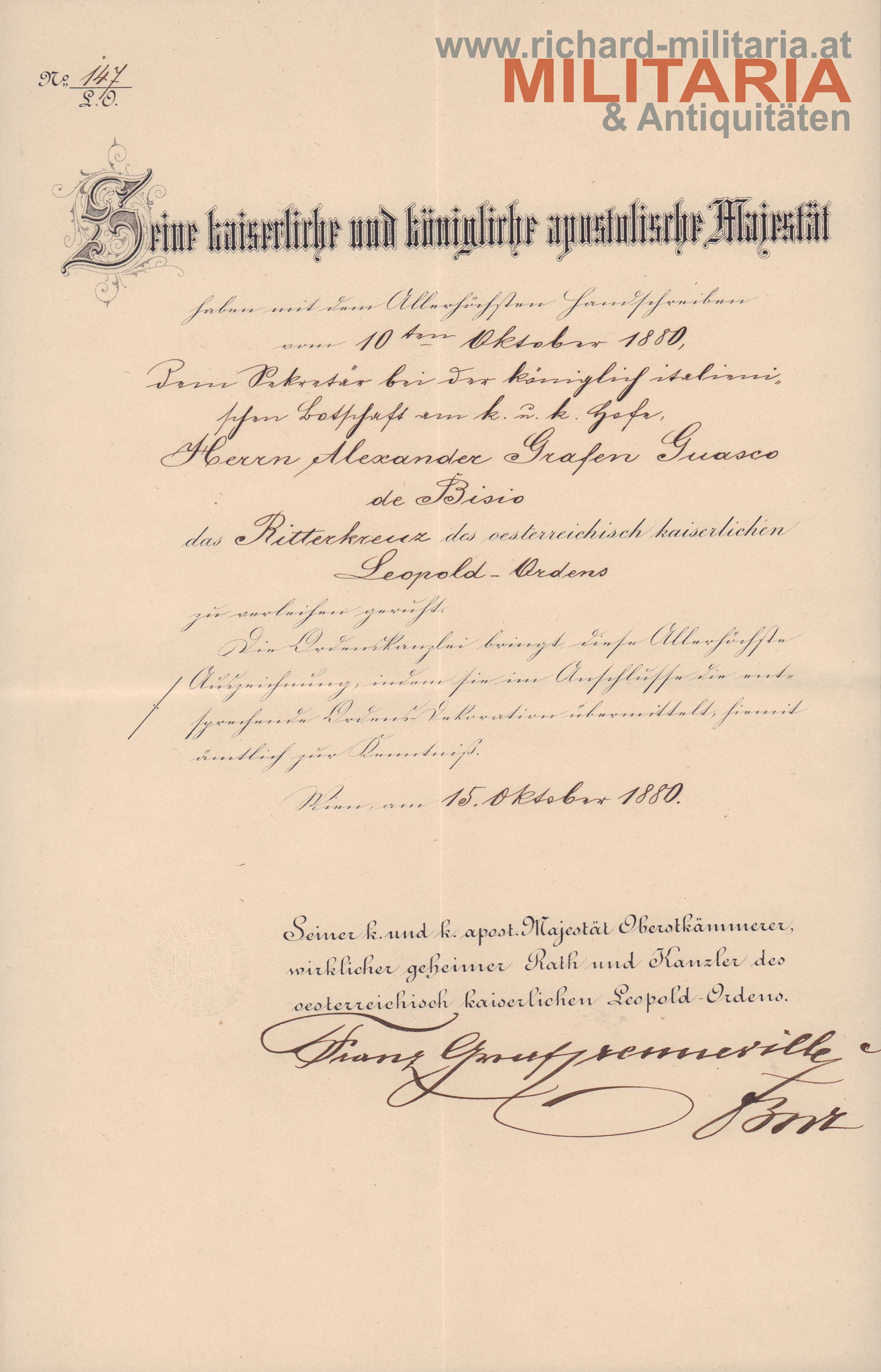 k.u.k. Begleitschreiben - öster. kaiserl. Leopold Orden Ritterkreuz 1880