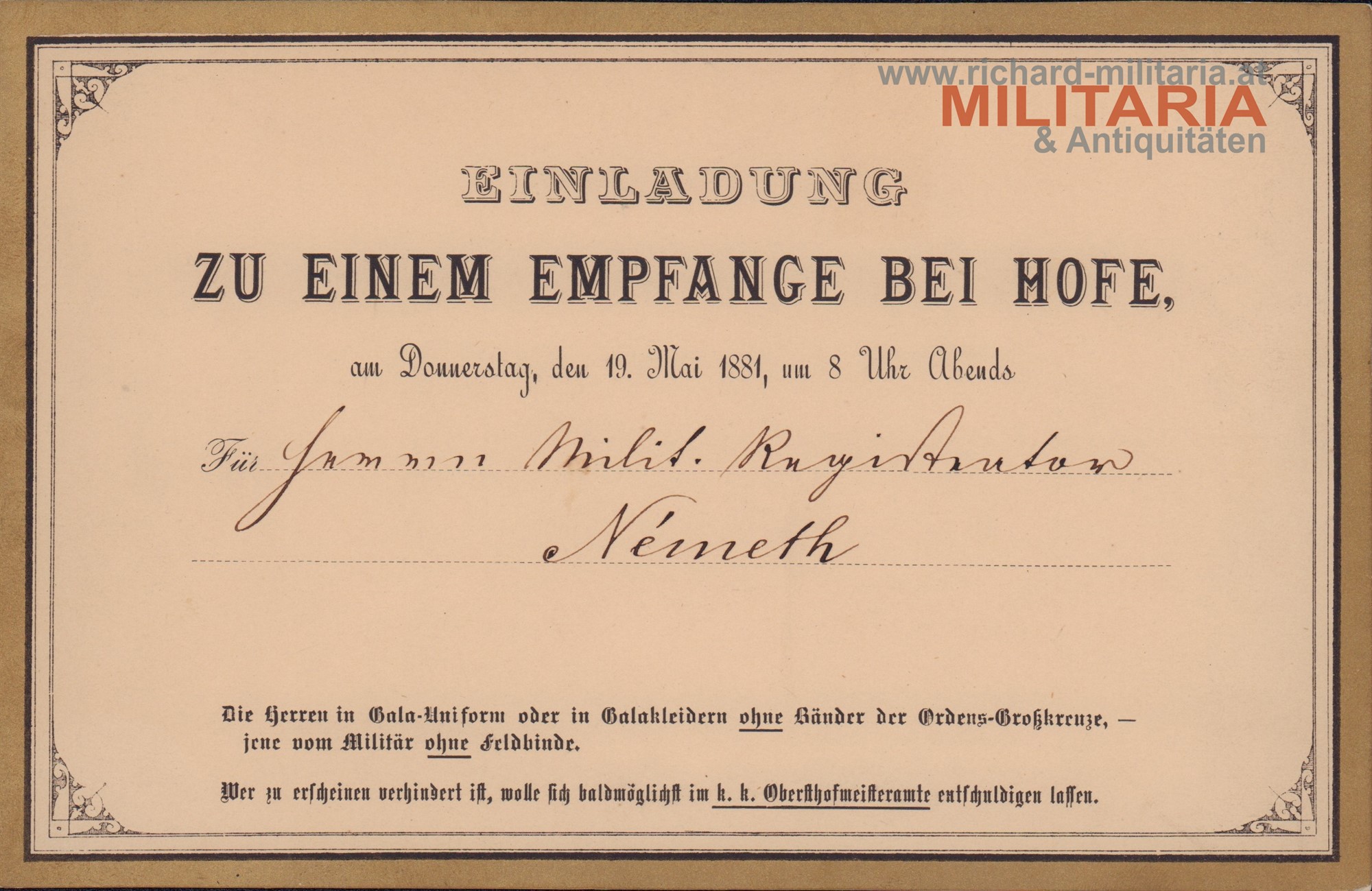K.K. Hofmeisteramt - Einladung zu einem Empfange bei Hofe 19. Mai 1881