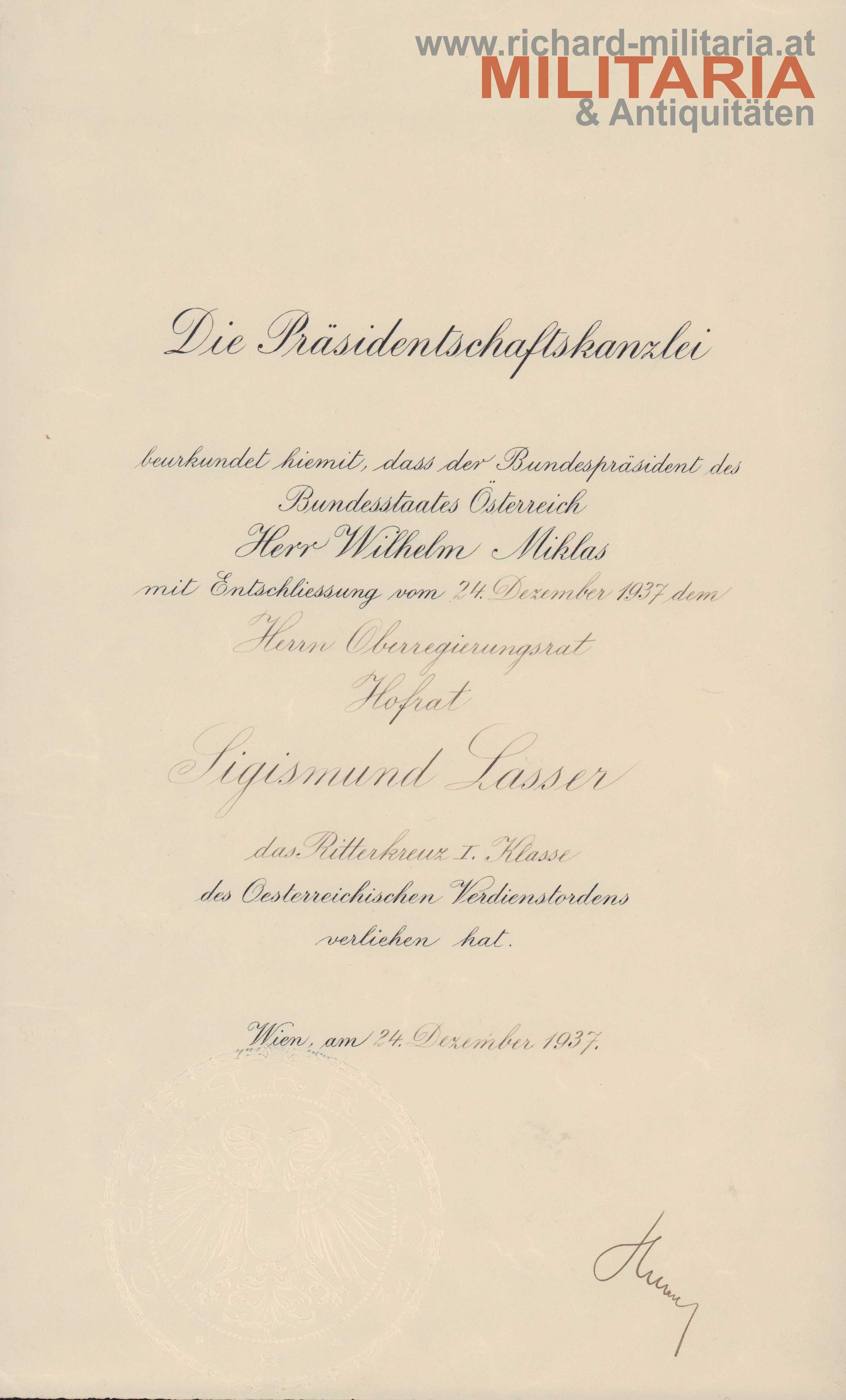 Verleihungsurkunde Ritterkreuz I. Klasse des österr. Verdienstordens 1937