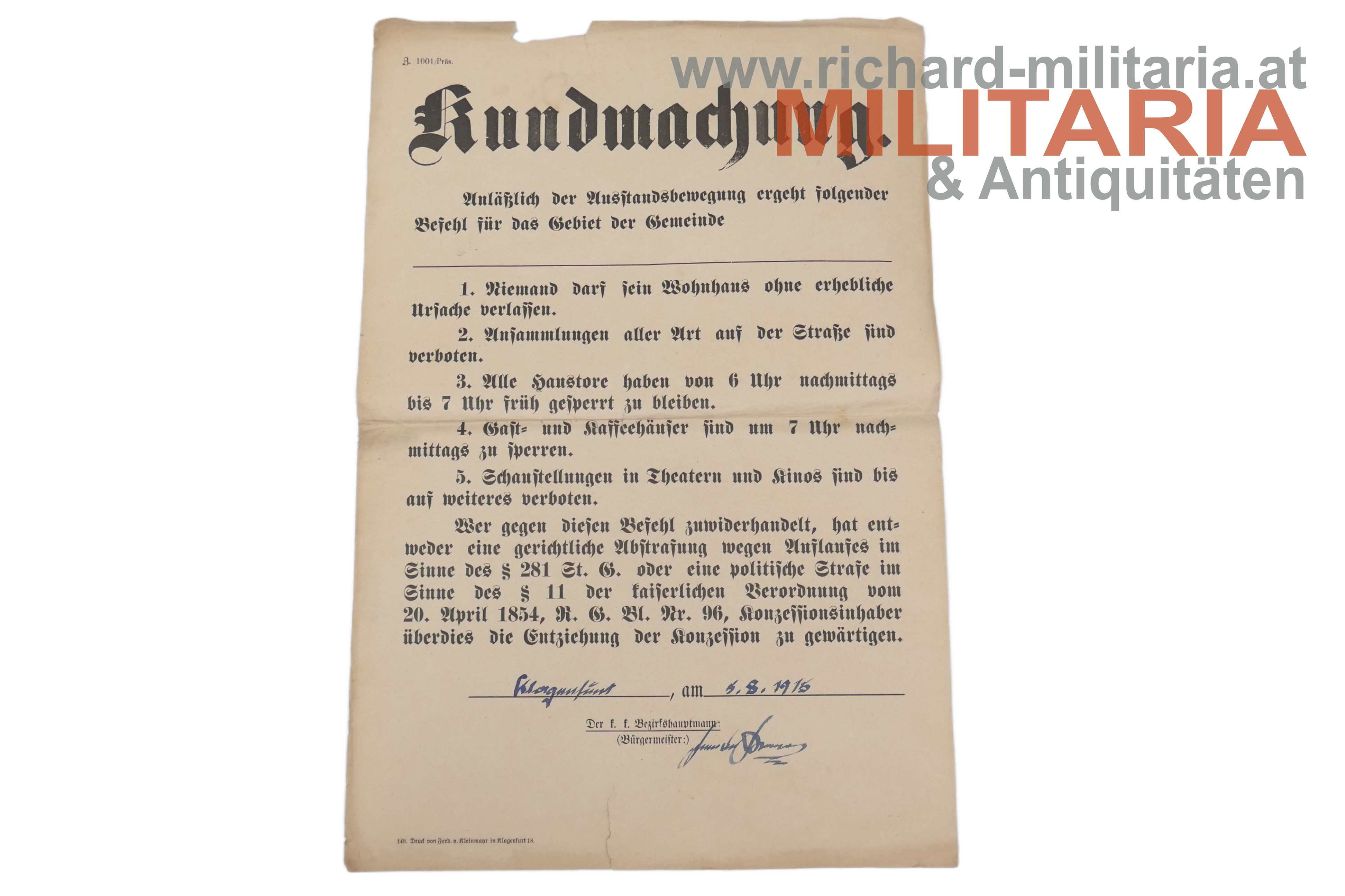 Kundmachung - Klagenfurt 1915