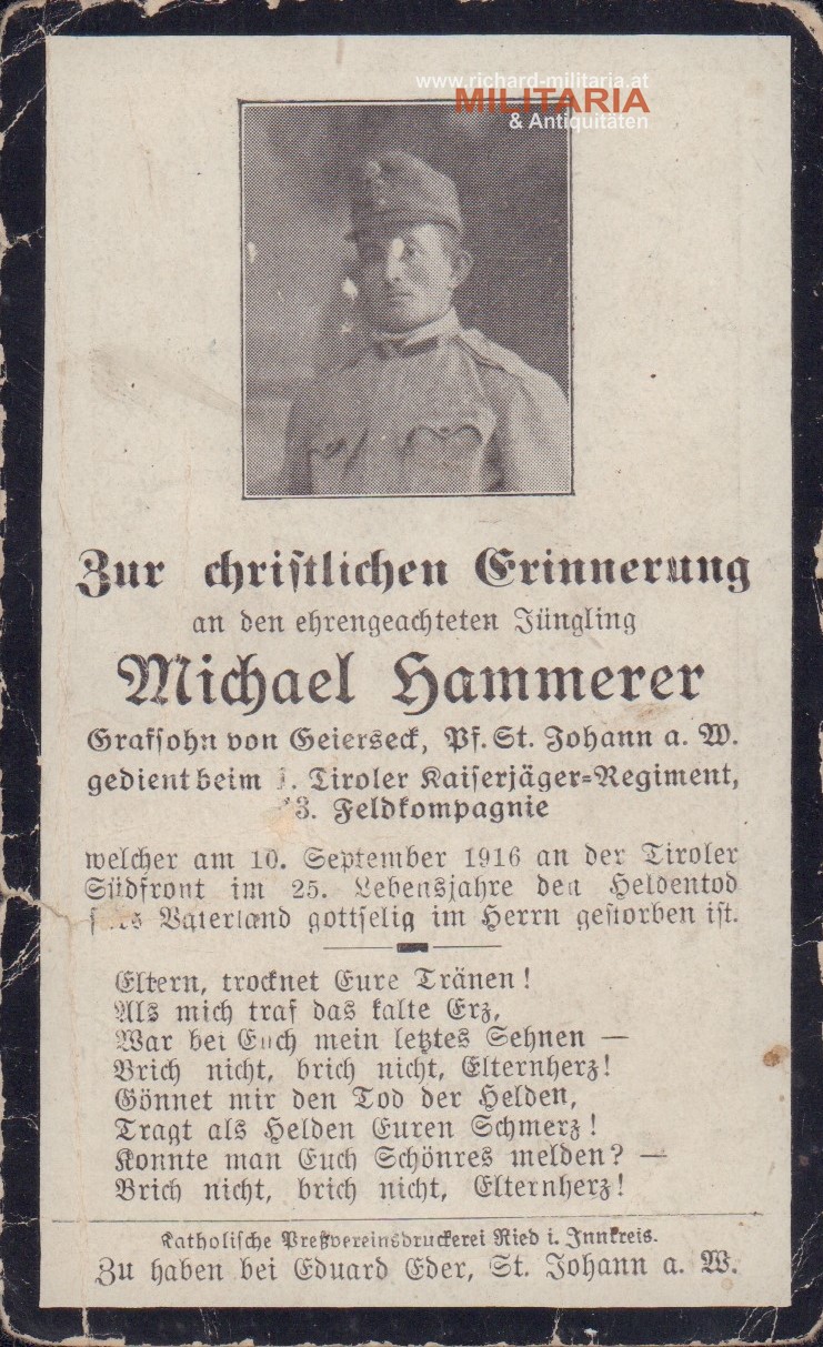 k.u.k. Sterbebild 1. Tiroler Kaiserjäger-Regiment, 13. Feldkompagnie