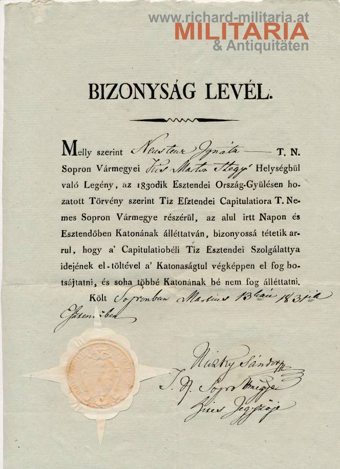 Ungarn - Einzugsbescheinigung zum Militärdienst - Sopron 1831
