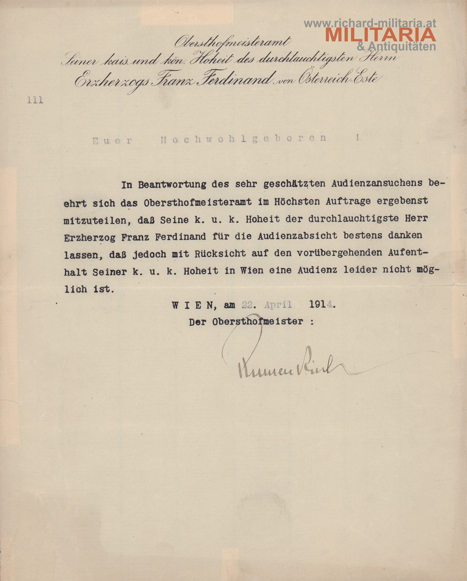 Brief - Ablehnung eines Audienzansuchens bei Erzherzog Franz Ferdinand / Obersthofmeisteramt