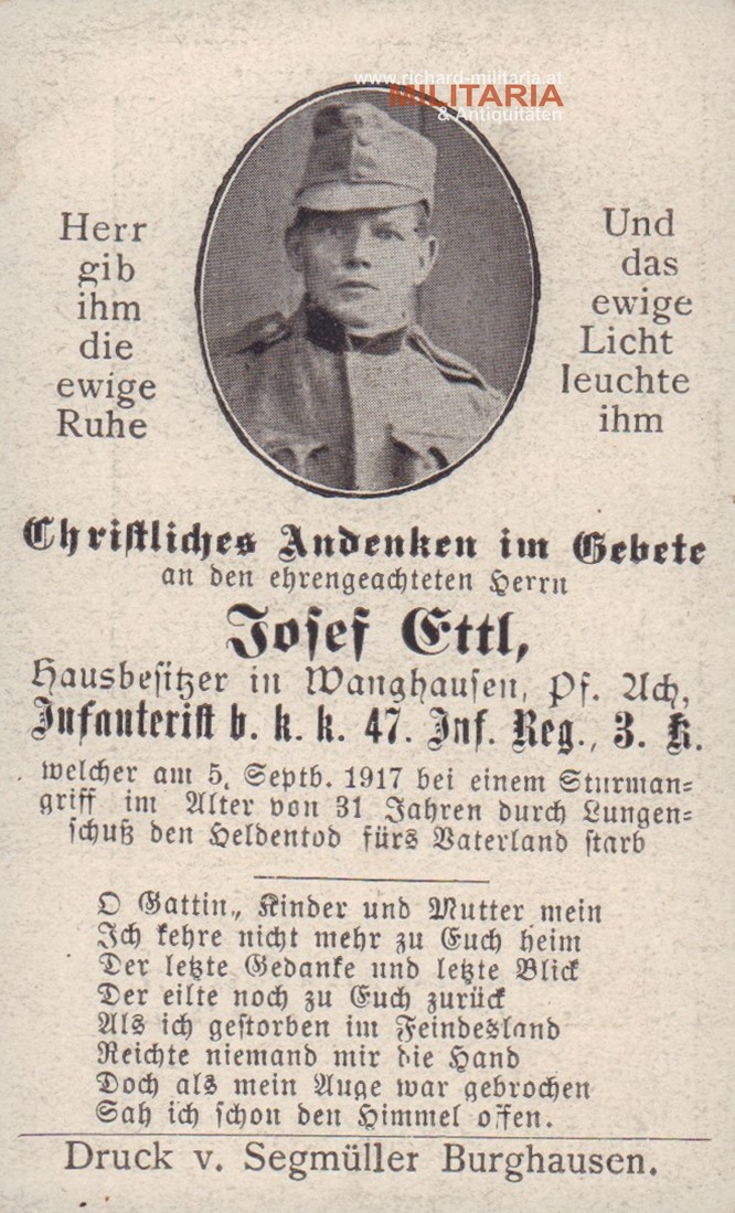 k.u.k. Sterbebild k.k. 47. Inf. Regiment - Josef Ettl