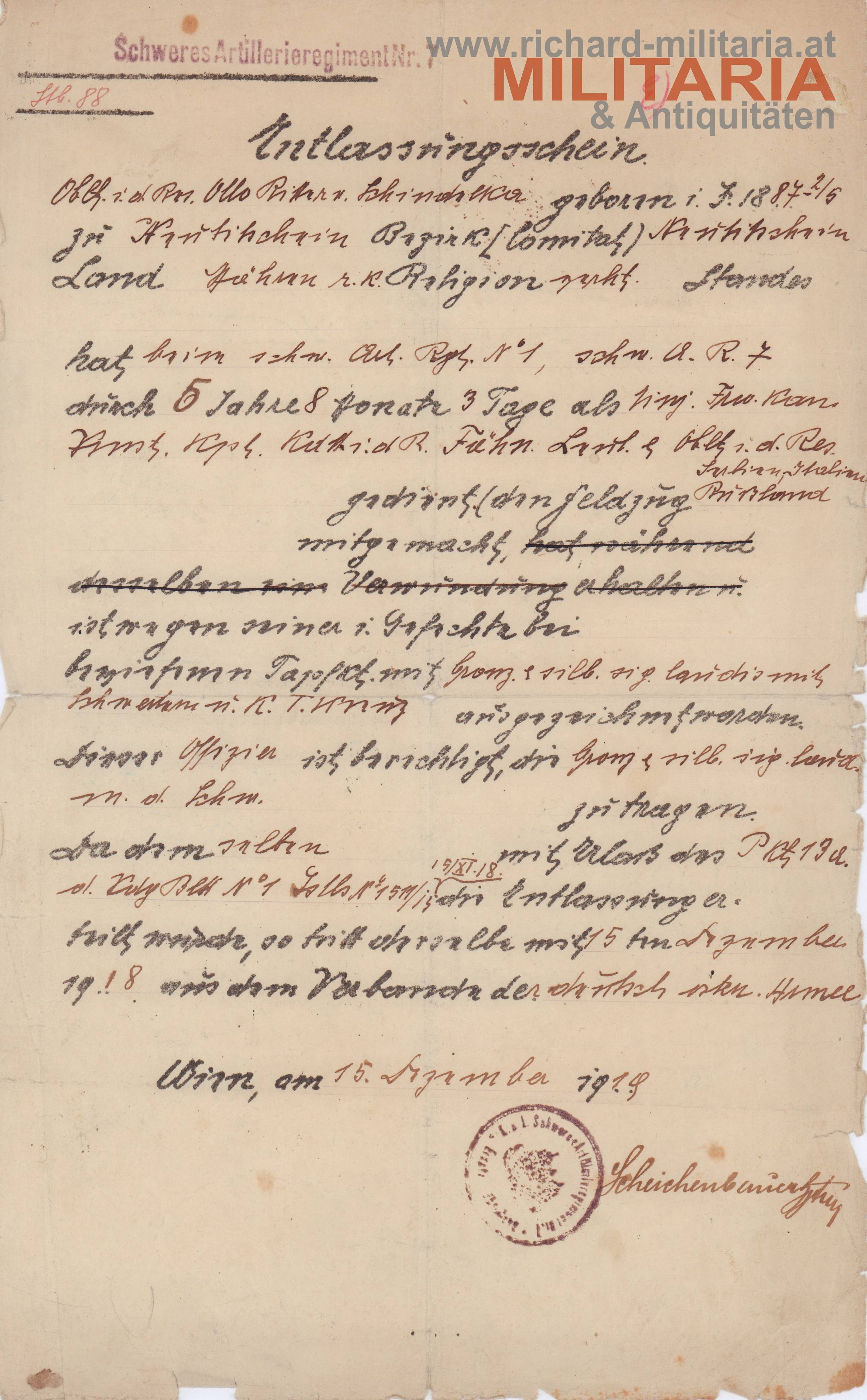 k.u.k. Schweres Artillerieregiment Nr. 7 - Entlassungsschein 1919 