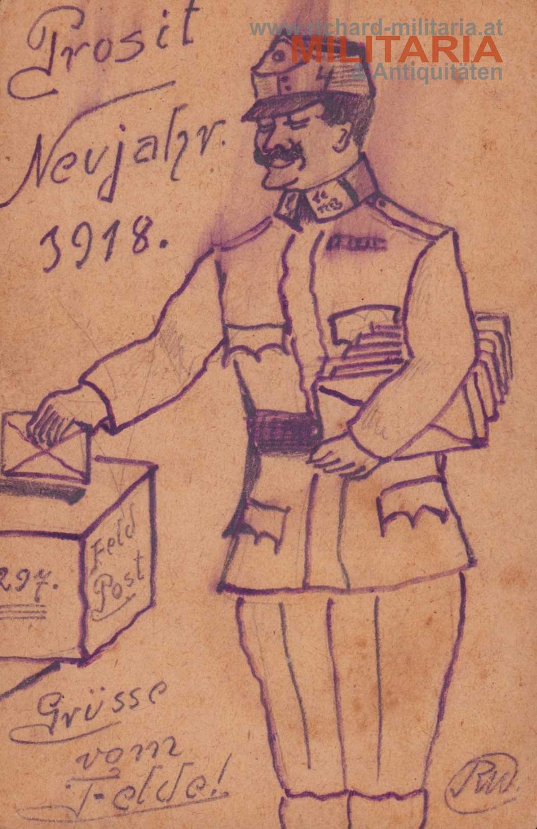 k.u.k. handgezeichnete Feldpostkarte "Prosit Neujahr 1918" "Grüsse vom Felde!"