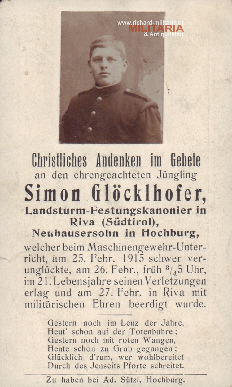 k.u.k. Sterbebild Landsturm-Festungskanonier in Riva