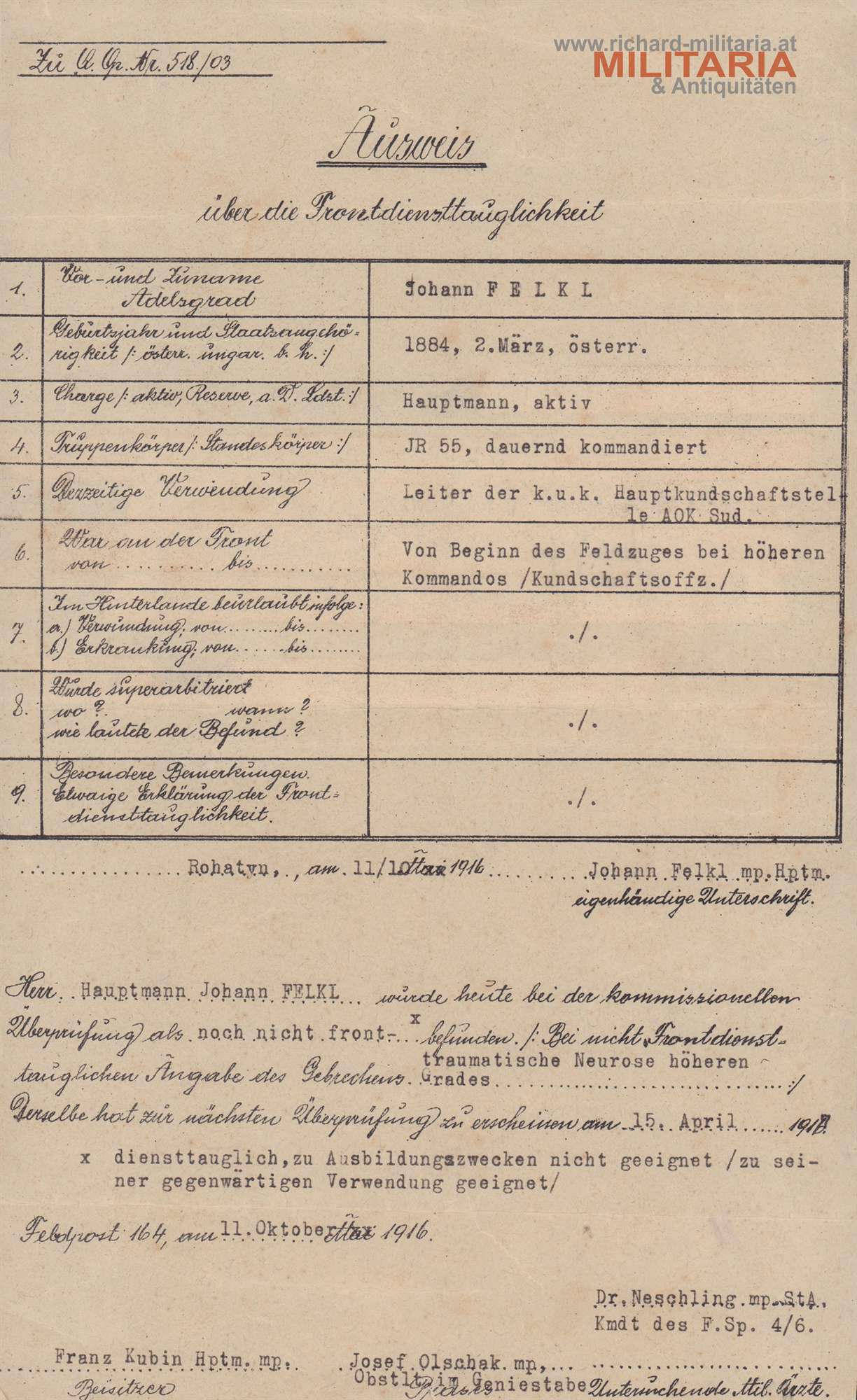 k.u.k. IR 55 - Hauptmann Felkl - nicht frontdiensttauglich