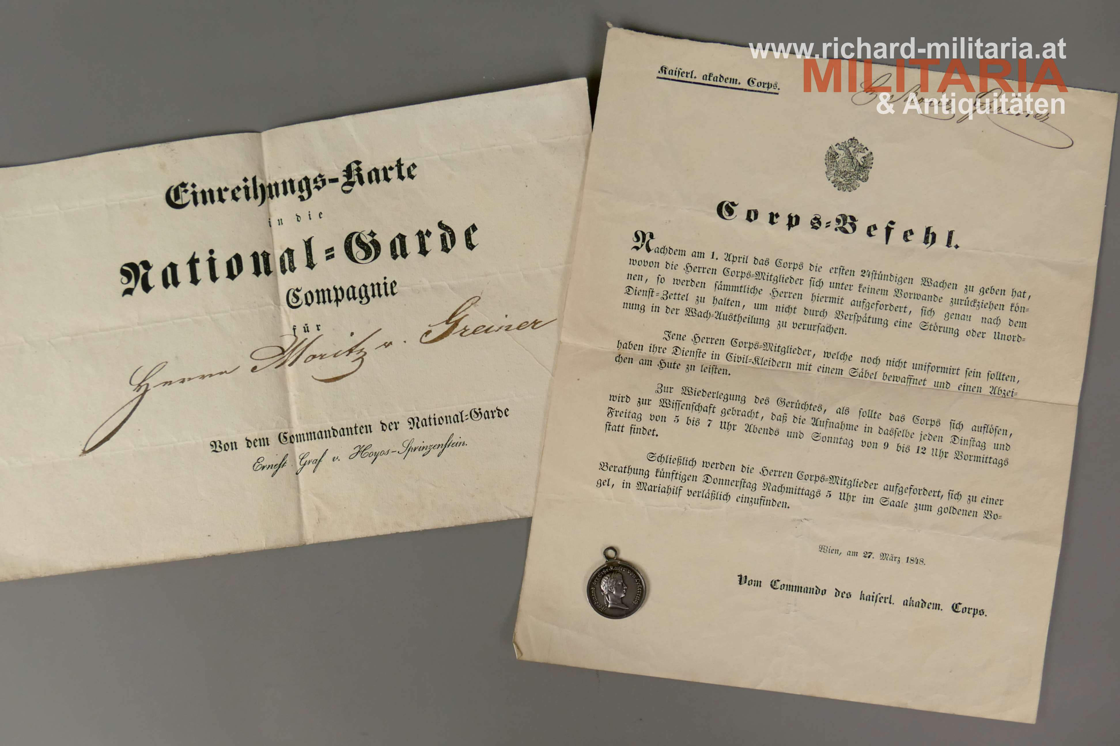 Konvolut Wiener Nationalgarde - Medaille Kaiser Ferdinand I. - 1848