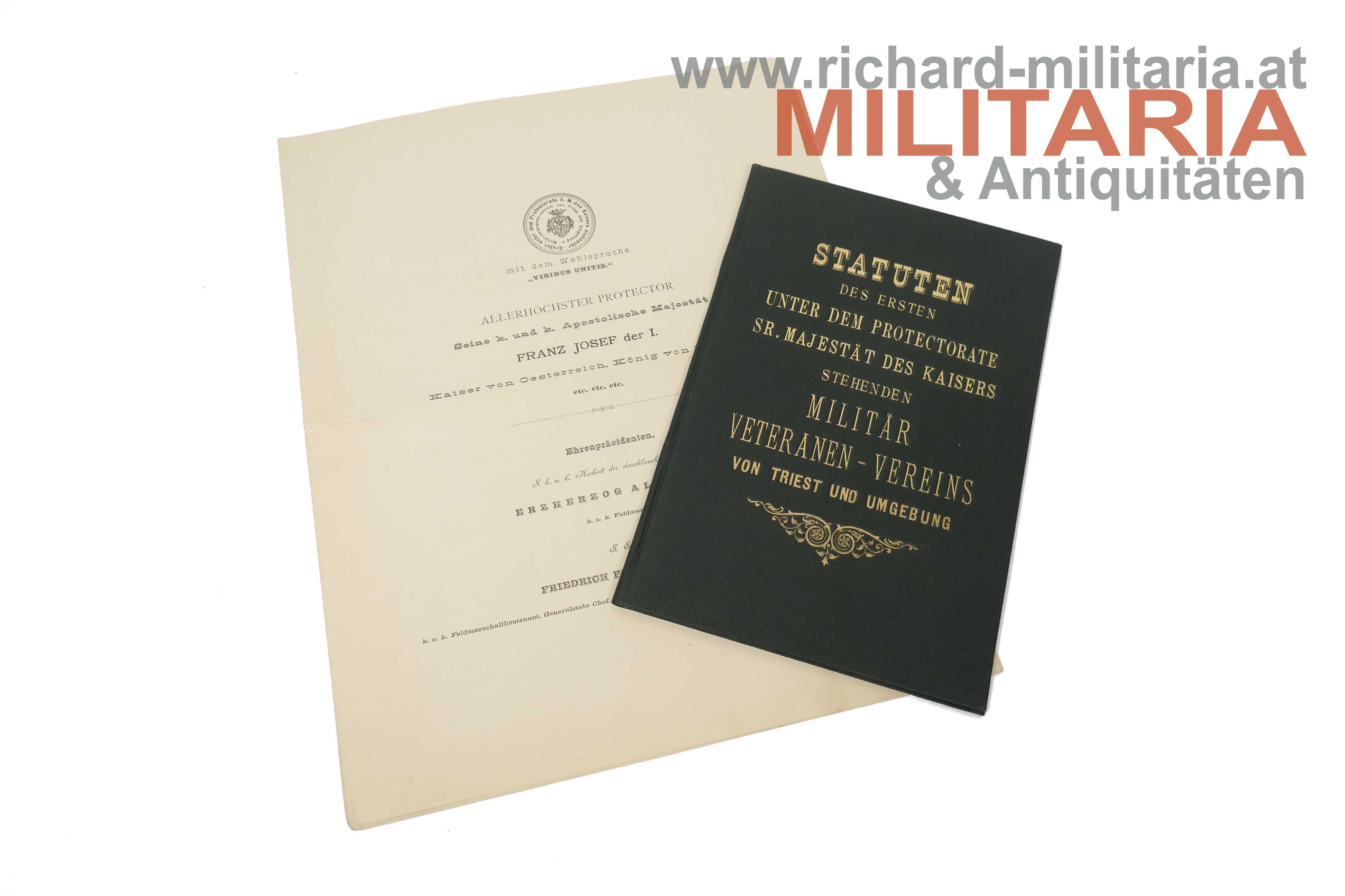 k.u.k. Statuten mit Beiblatt des Militär Veteranen-Vereins von Triest und Umgebung