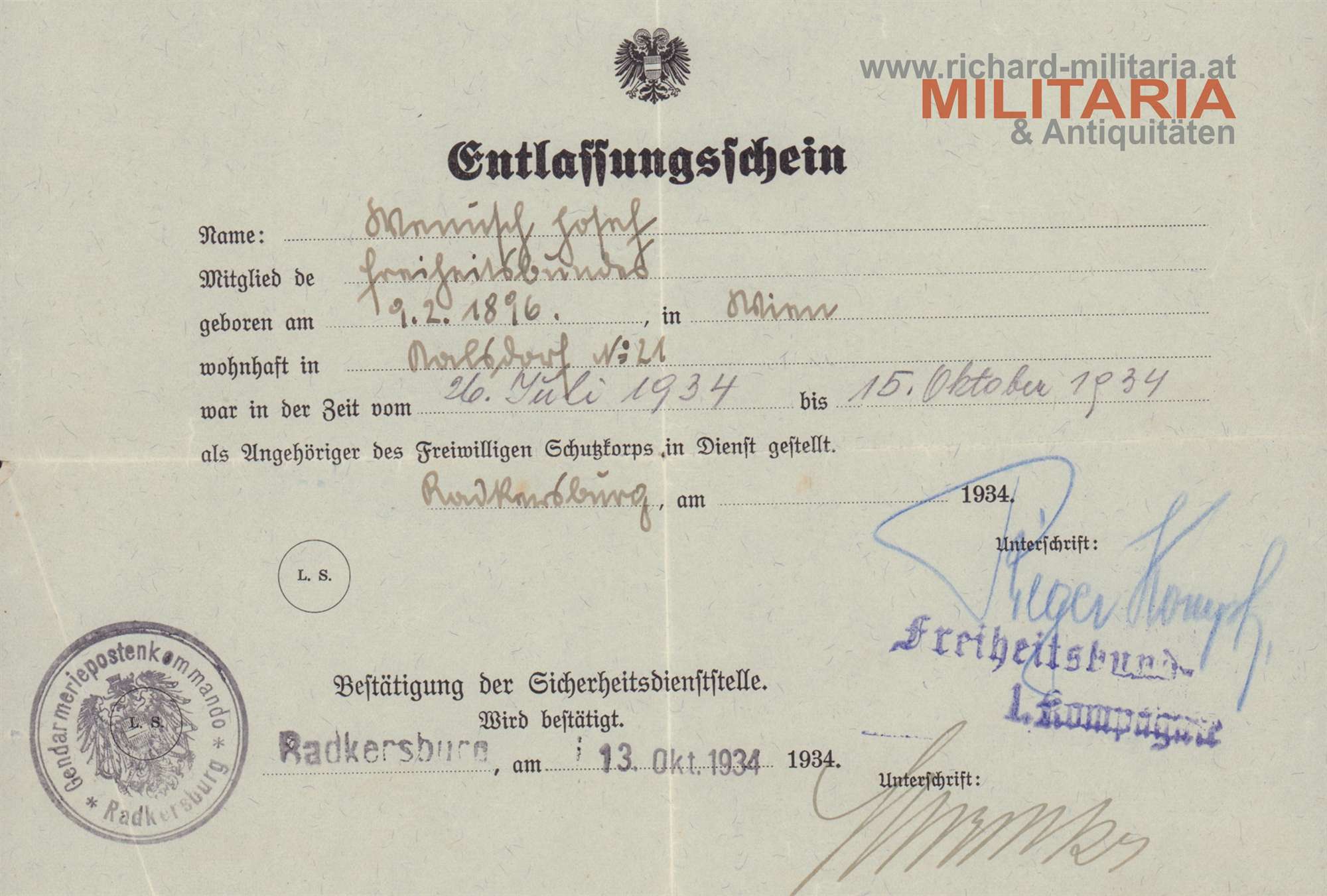 Freiwilliges Schutzkorps - Entlassungsschein 1934