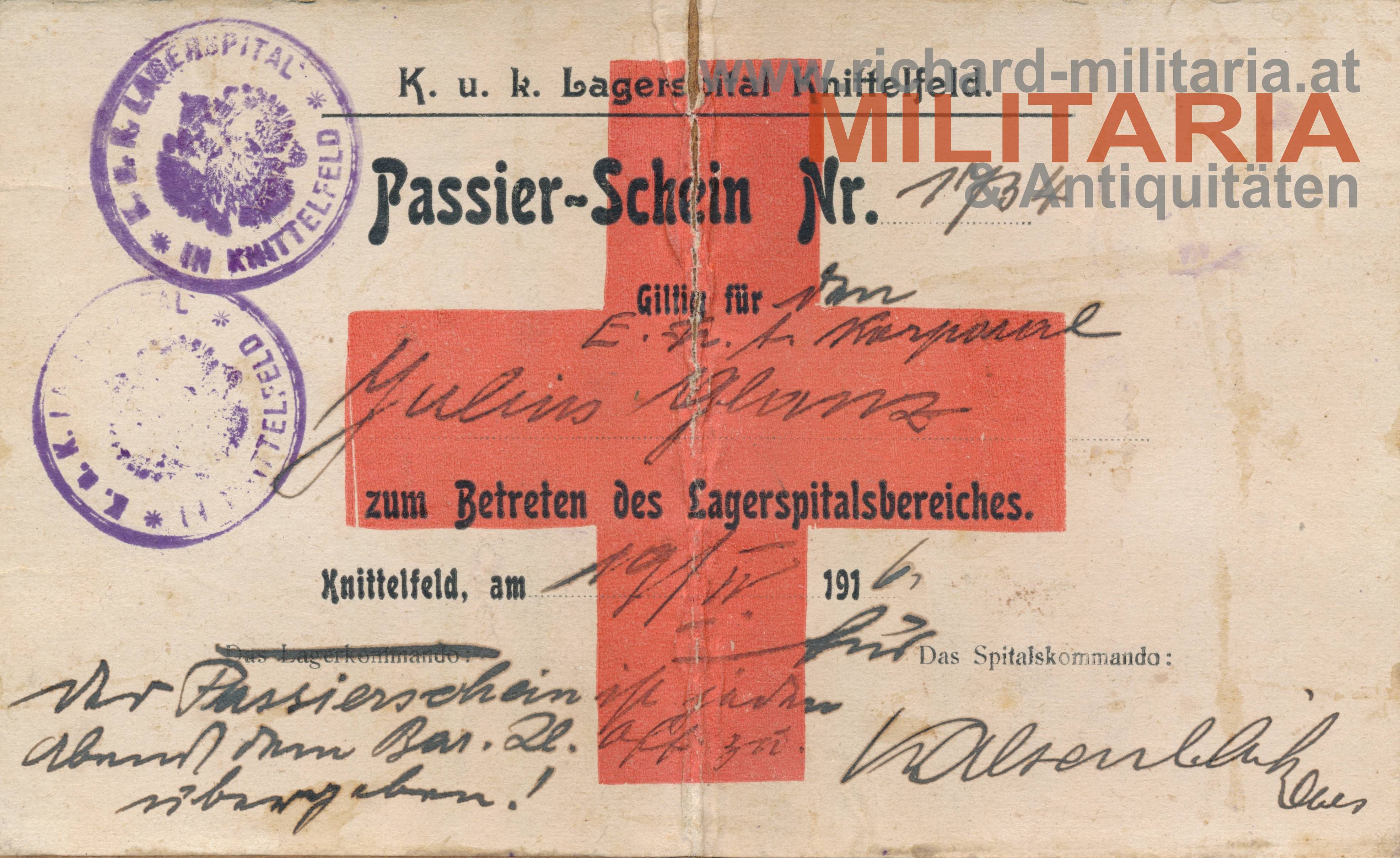 k.u.k. Lagerspital Knittelfeld - Passier-Schein